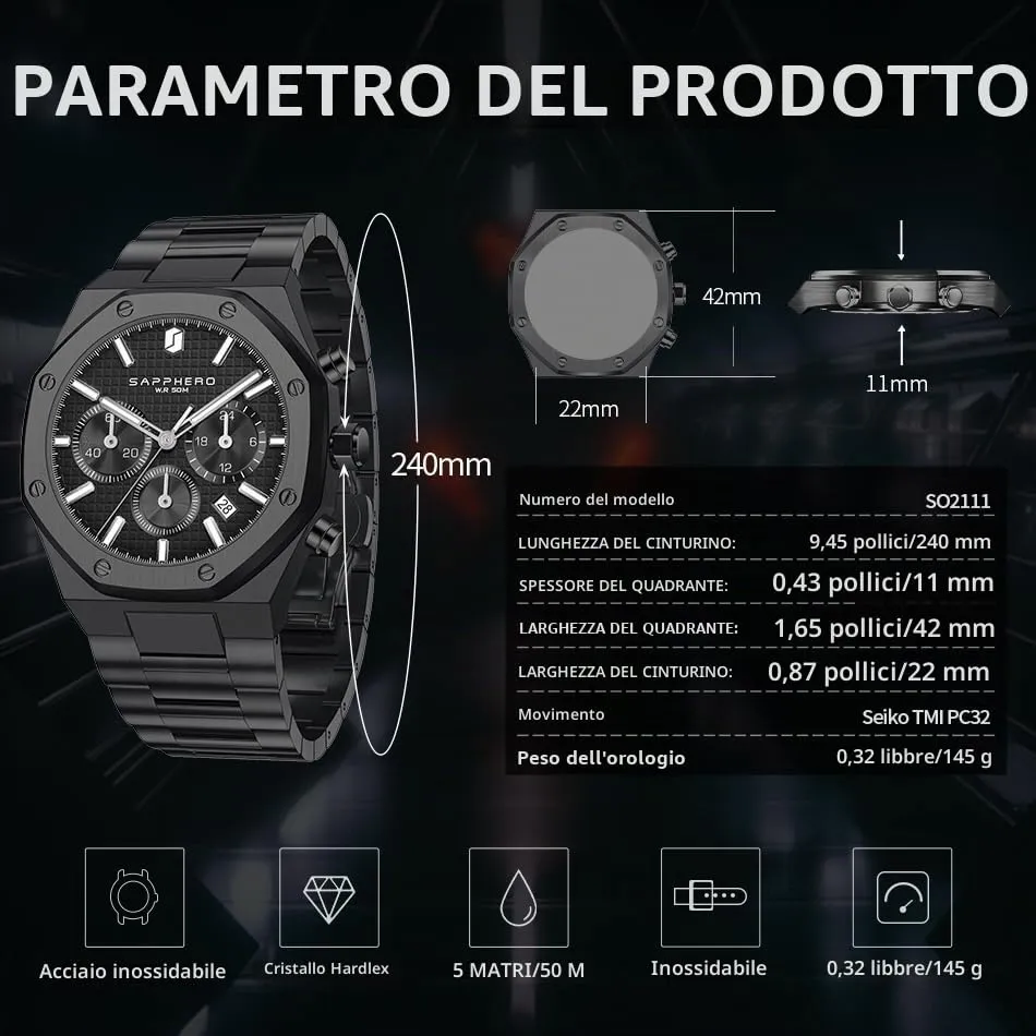SAPPHERO Orologio da uomo in acciaio inossidabile SO-2111, Movimento al quarzo giapponese, Impermeabile, Nero - immagine 8