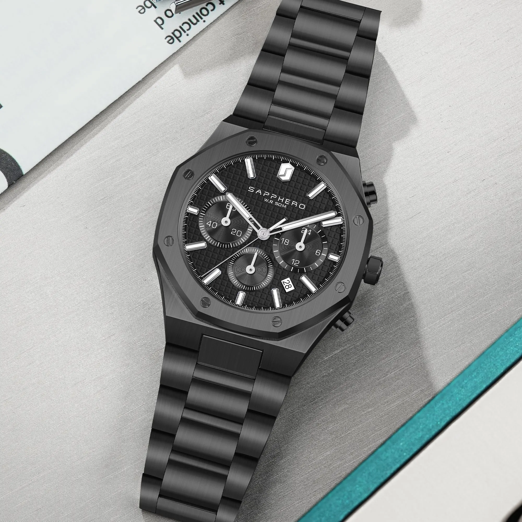SAPPHERO Orologio da uomo in acciaio inossidabile SO-2111, Movimento al quarzo giapponese, Impermeabile, Nero - immagine 9