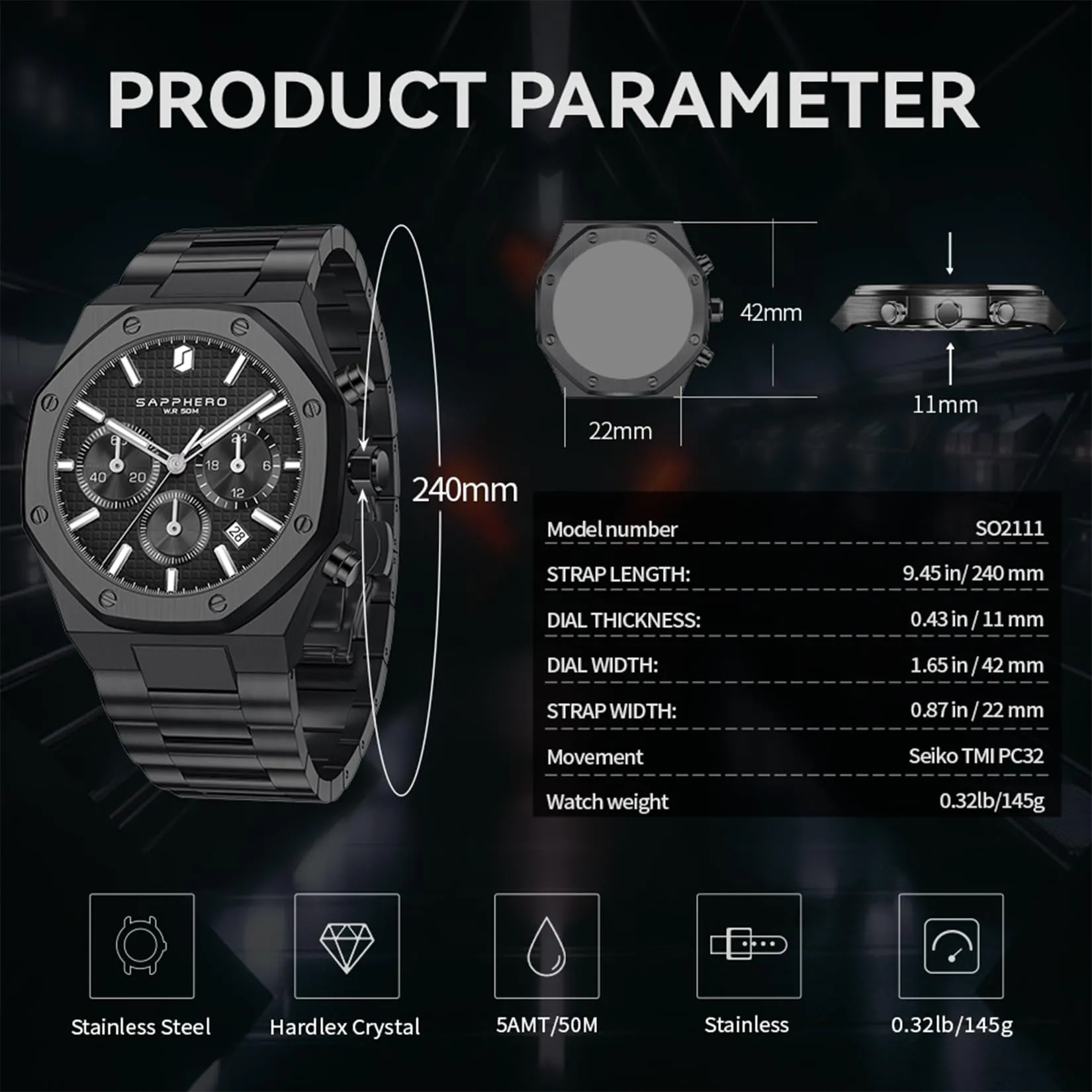 SAPPHERO Orologio da uomo in acciaio inossidabile SO-2111, Movimento al quarzo giapponese, Impermeabile, Nero - immagine 10