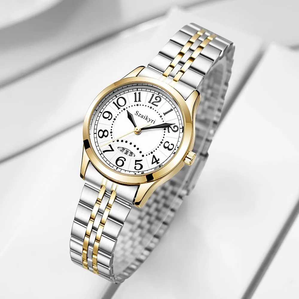 Szaikyri Orologio Classico da Donna con Numeri Arabi e Calendario (Silver-Gold Black) - immagine 3