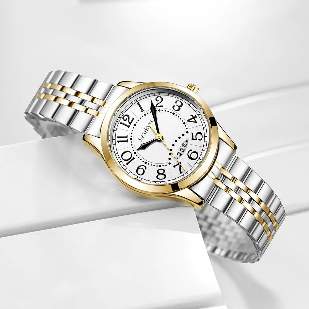 Szaikyri Orologio Classico da Donna con Numeri Arabi e Calendario (Silver-Gold Black) - immagine 4