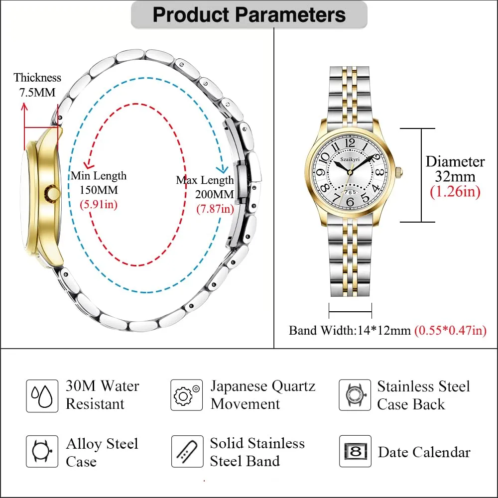 Szaikyri Orologio Classico da Donna con Numeri Arabi e Calendario (Silver-Gold Black) - immagine 6