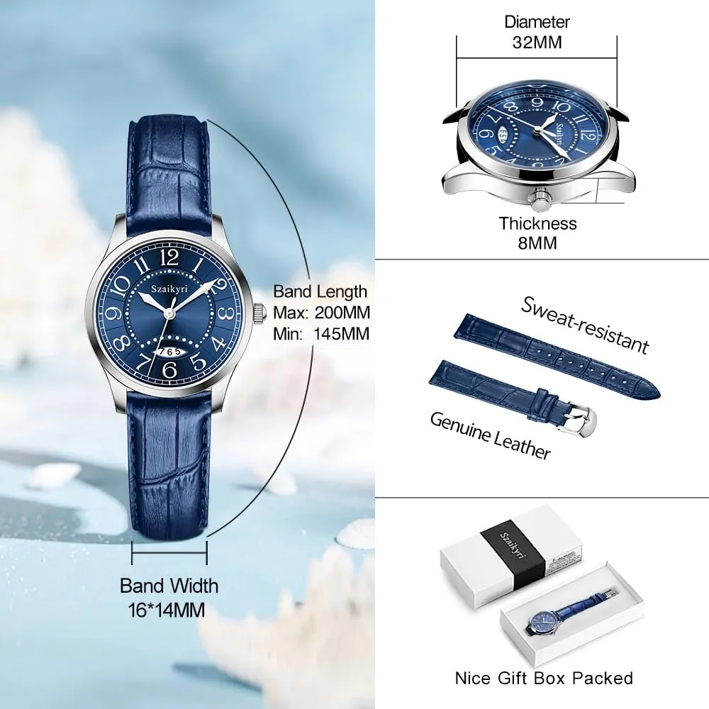 Szaikyri Orologio Classico da Donna con Numeri Arabi e Calendario, Blue - immagine 6