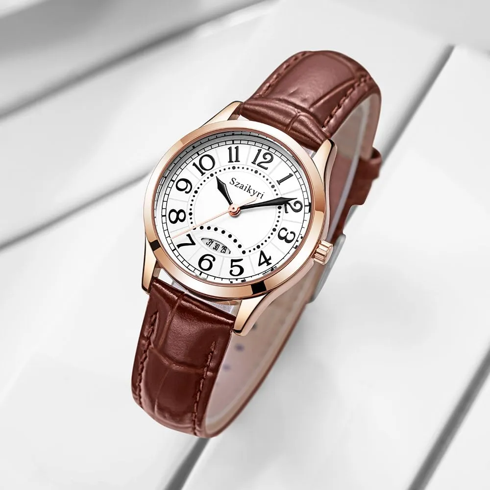Szaikyri Orologio Classico da Donna con Numeri Arabi e Calendario (Brown Rosegold) - immagine 3