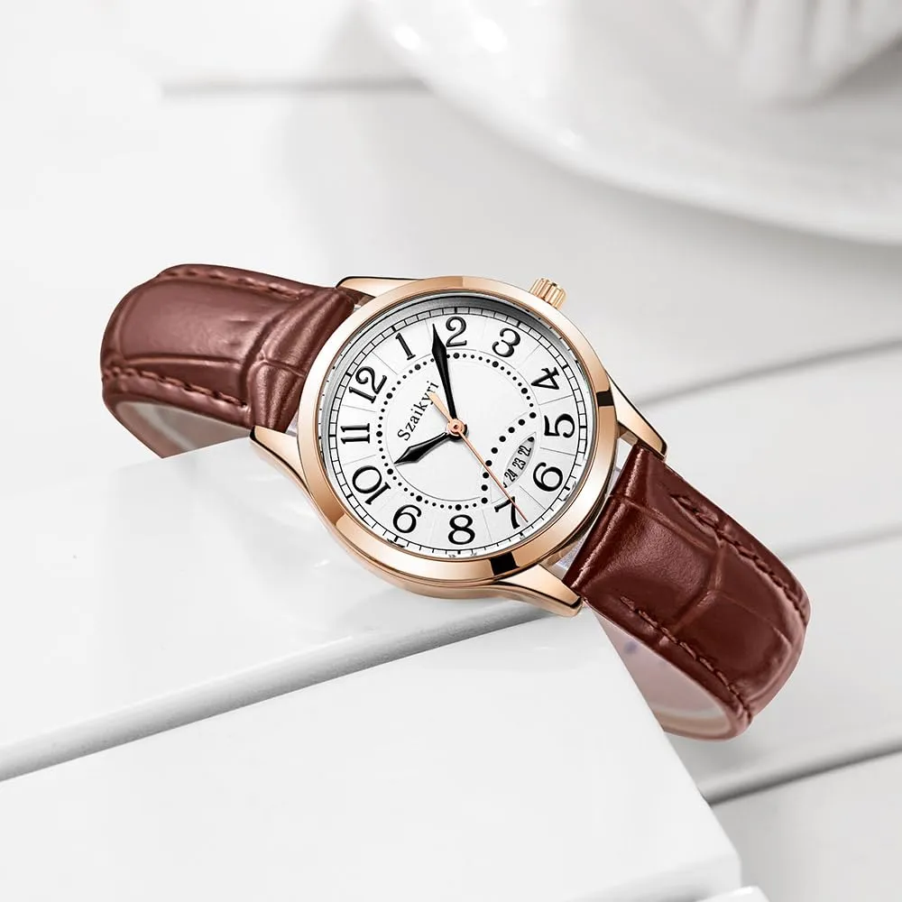 Szaikyri Orologio Classico da Donna con Numeri Arabi e Calendario (Brown Rosegold) - immagine 4