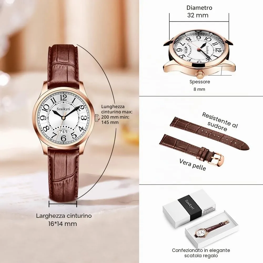Szaikyri Orologio Classico da Donna con Numeri Arabi e Calendario (Brown Rosegold) - immagine 6