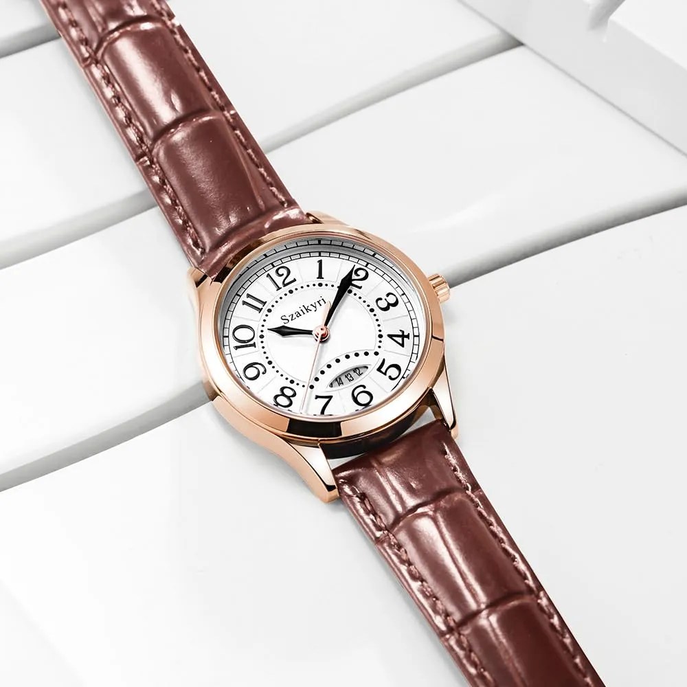 Szaikyri Orologio Classico da Donna con Numeri Arabi e Calendario (Brown Rosegold) - immagine 9