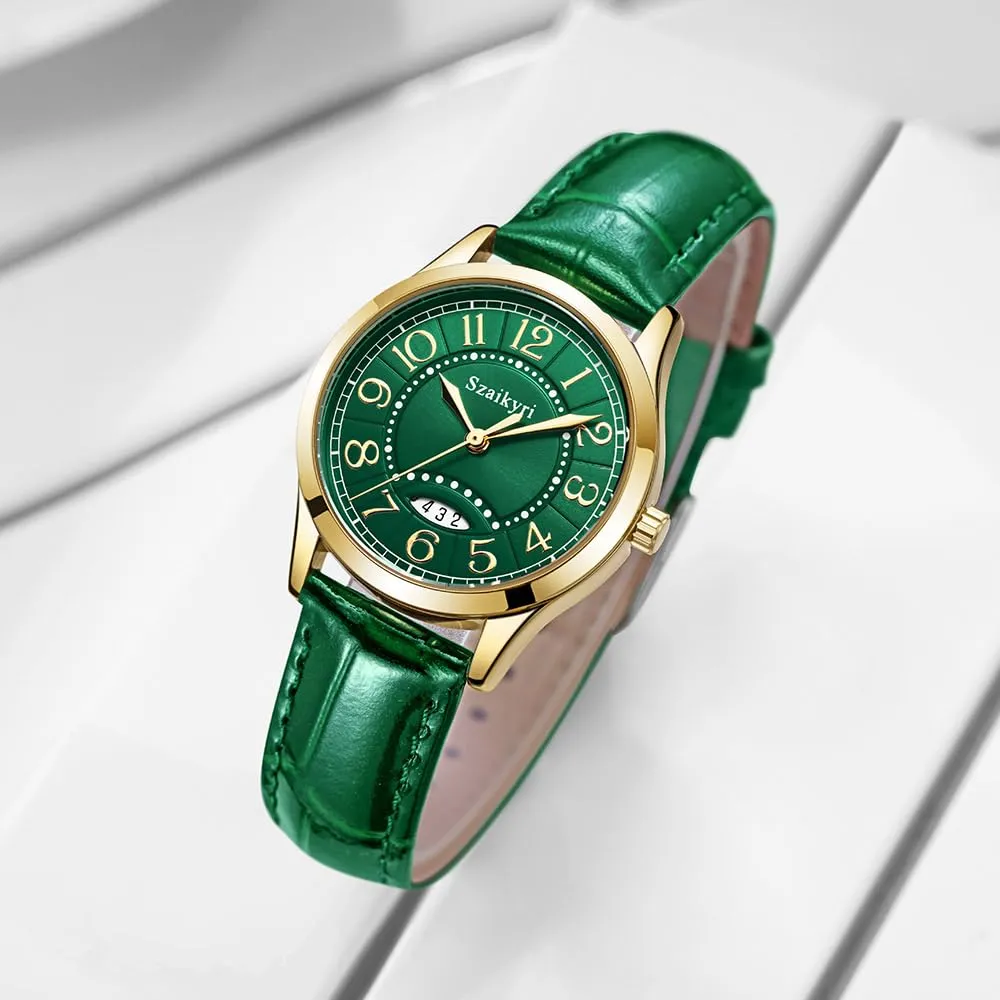 Szaikyri Orologio Classico da Donna con Numeri Arabi e Calendario (Green Gold) - immagine 3