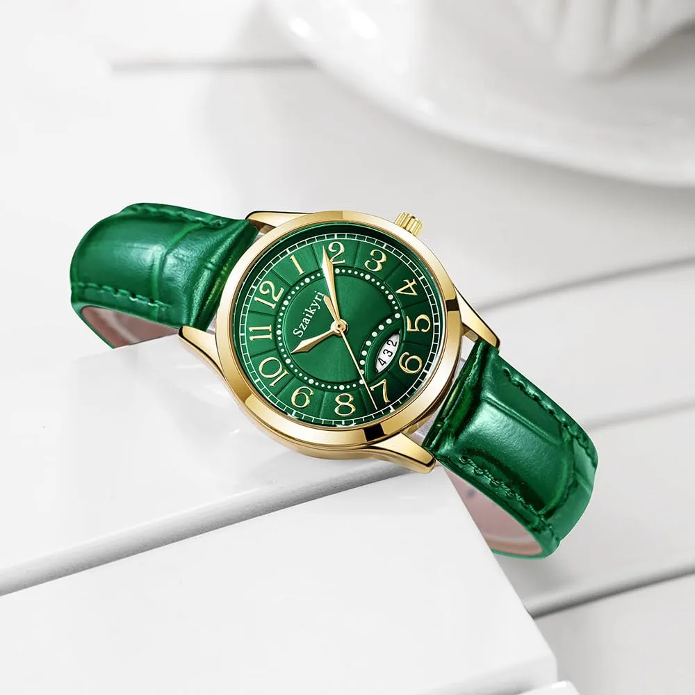Szaikyri Orologio Classico da Donna con Numeri Arabi e Calendario (Green Gold) - immagine 4