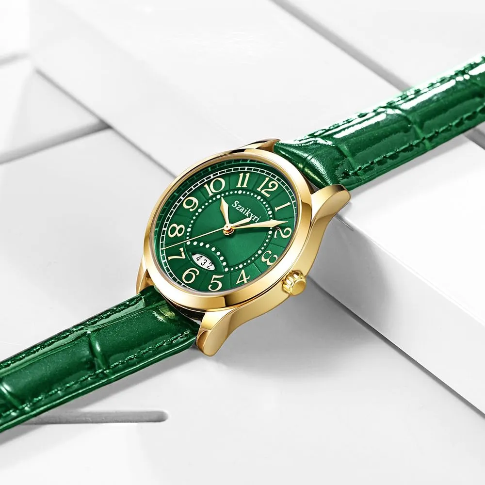 Szaikyri Orologio Classico da Donna con Numeri Arabi e Calendario (Green Gold) - immagine 5