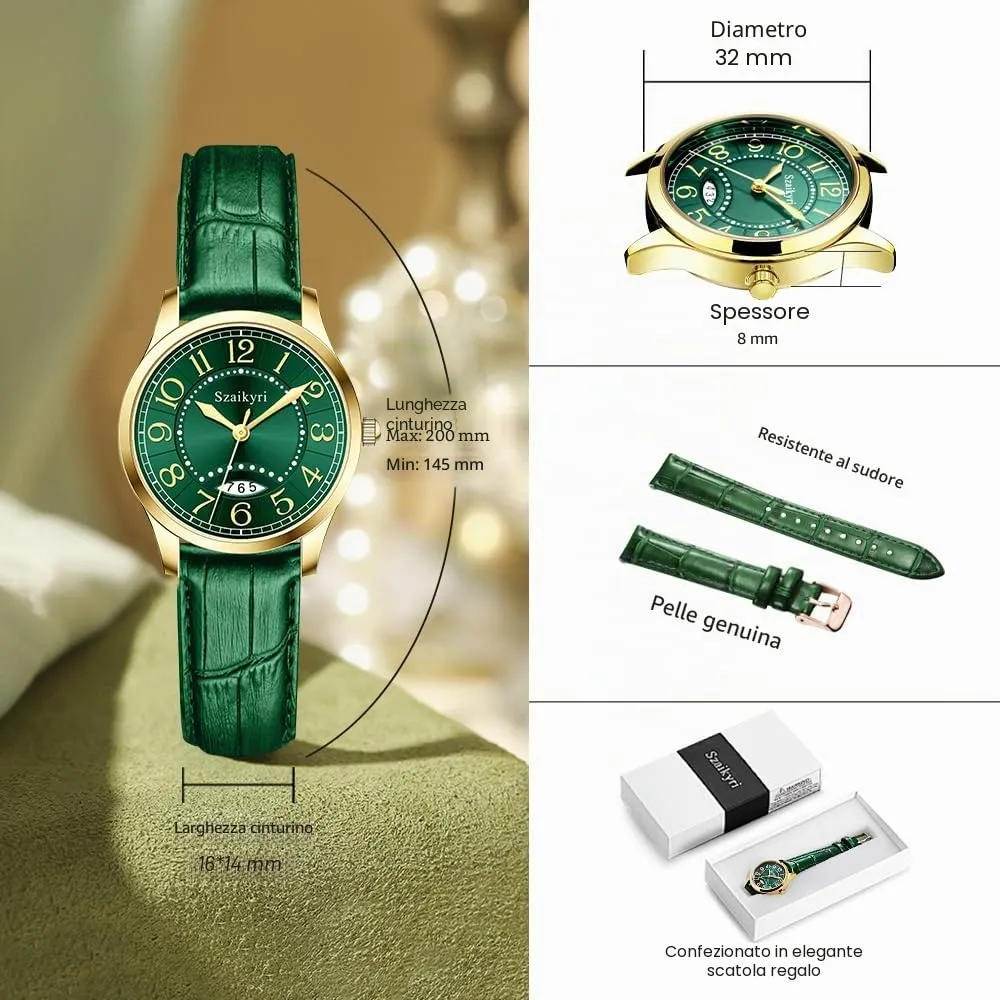 Szaikyri Orologio Classico da Donna con Numeri Arabi e Calendario (Green Gold) - immagine 6
