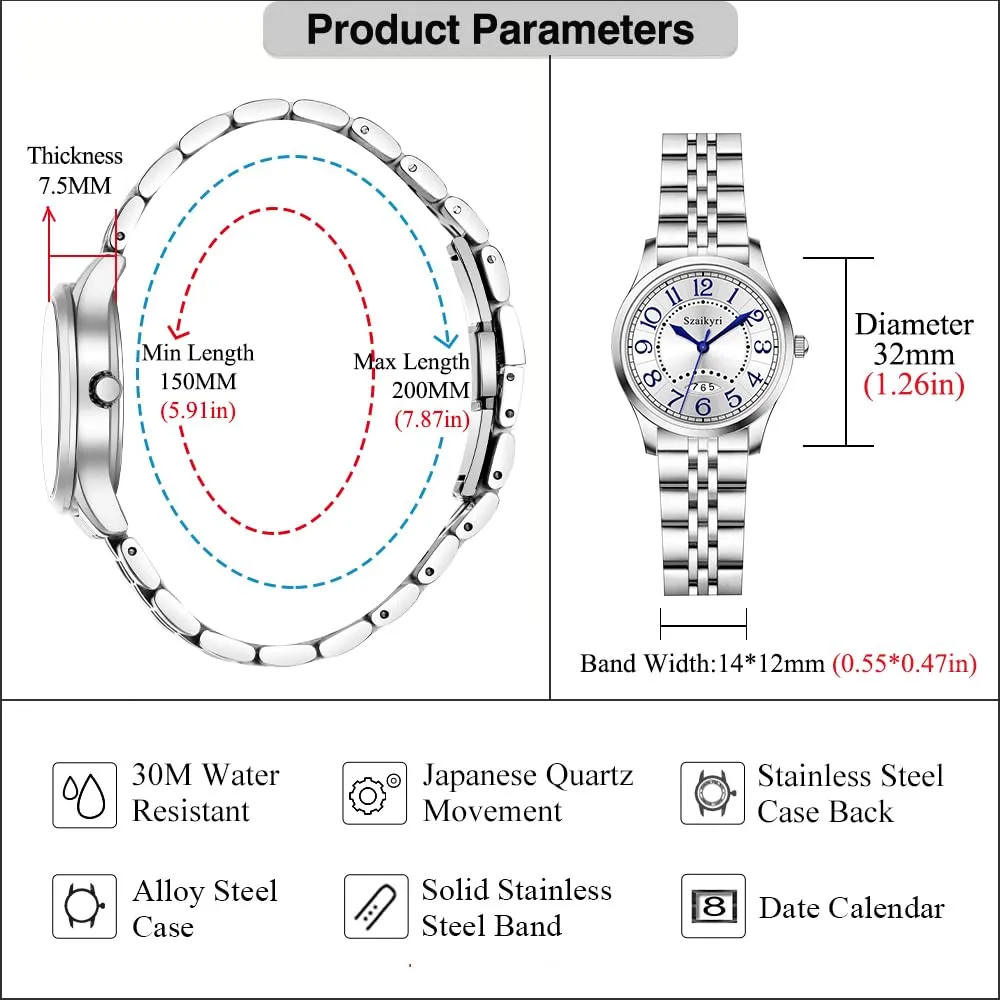 Szaikyri Orologio Classico da Donna con Numeri Arabi e Calendario (Silver Blue) - immagine 6