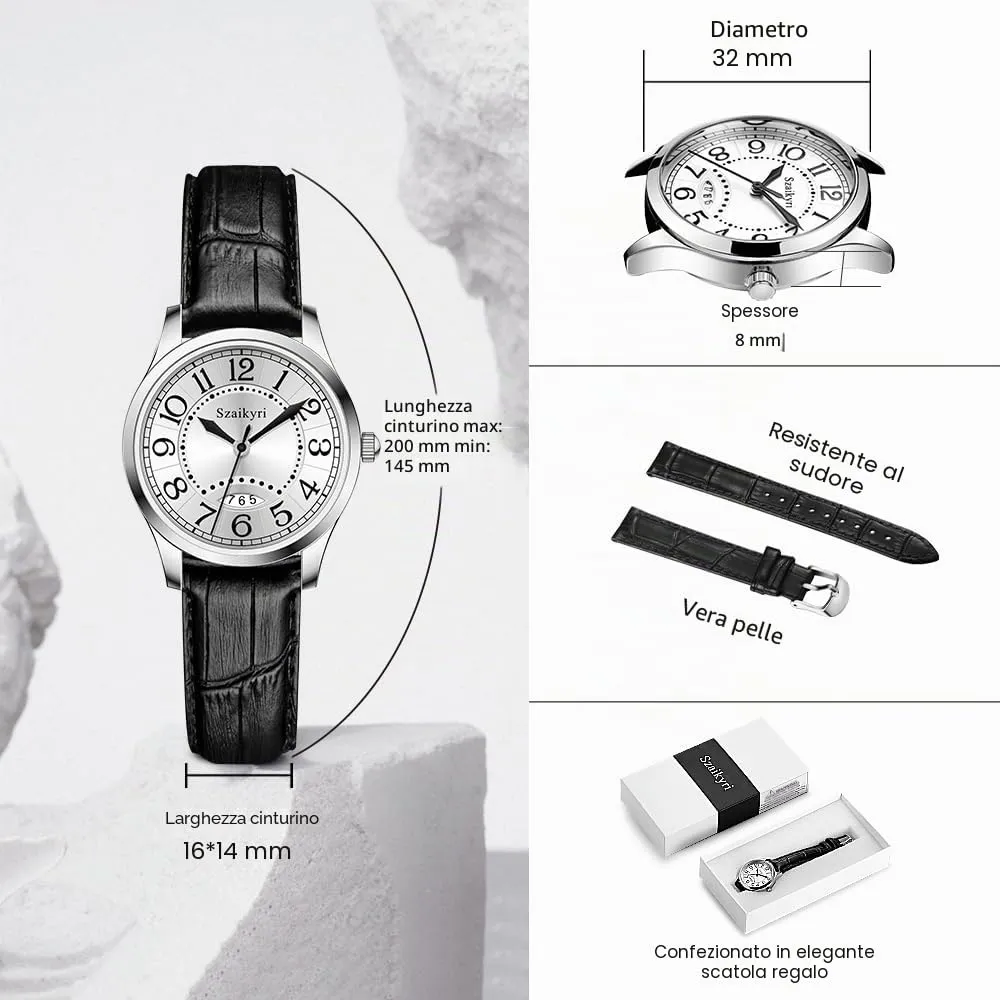 Szaikyri Orologio Classico da Donna con Numeri Arabi e Calendario (Black Silver) - immagine 6