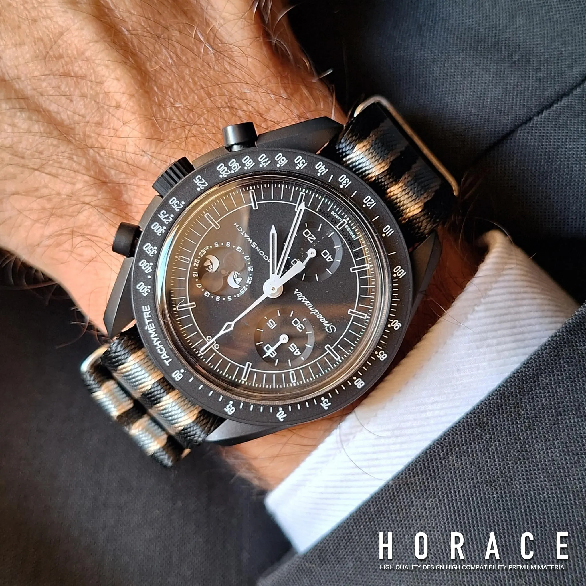 HORACE Cinturino Orologio NATO 20mm in Nylon - Compatibile con Omega x Swatch MoonSwatch (Bond 007 No Time To Die) - immagine 5