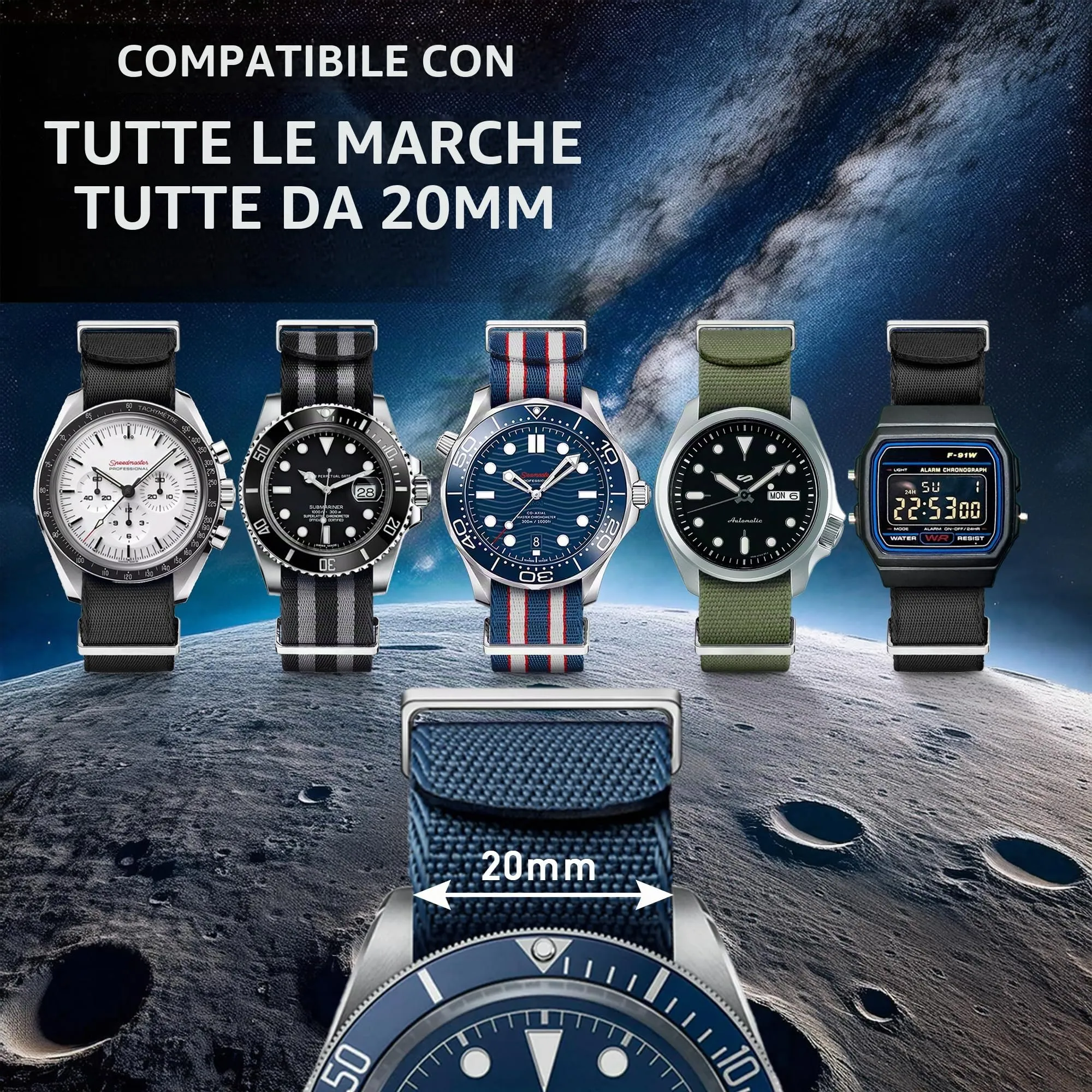 HORACE Cinturino Orologio NATO 20mm in Nylon - Compatibile con Omega x Swatch MoonSwatch (Bond 007 No Time To Die) - immagine 8