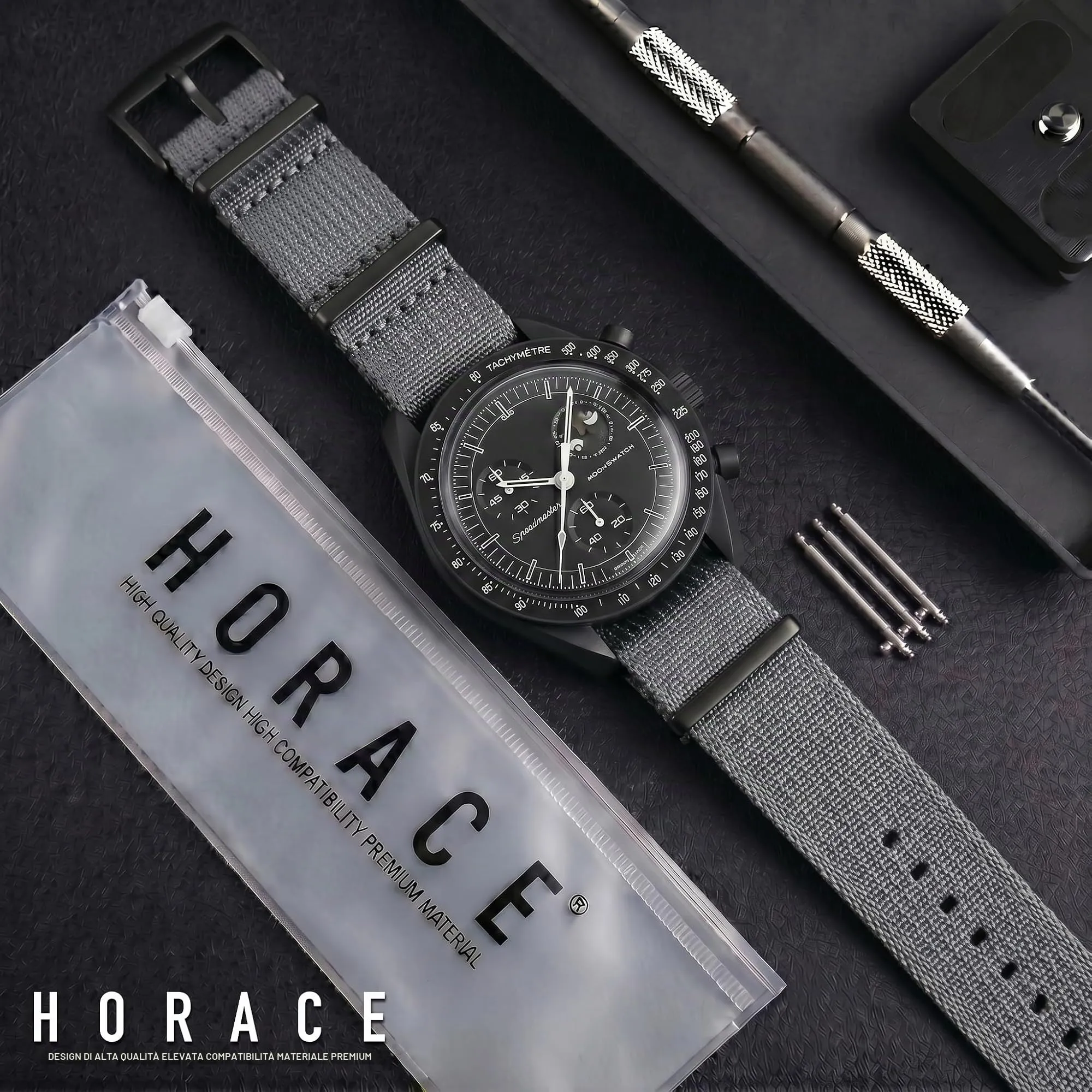 HORACE Cinturino Orologio NATO 20mm in Nylon (Grigio - Nero) Compatibile con Omega x Swatch MoonSwatch - immagine 3