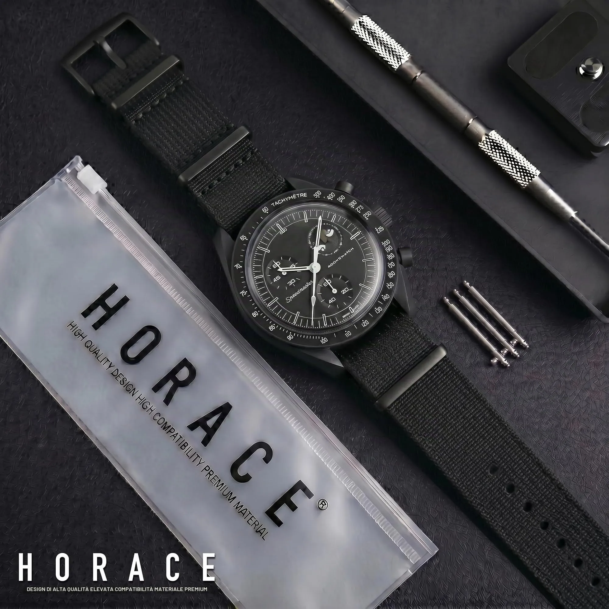 HORACE Cinturino Orologio NATO 20mm in Nylon Nero per Omega x Swatch MoonSwatch - immagine 3