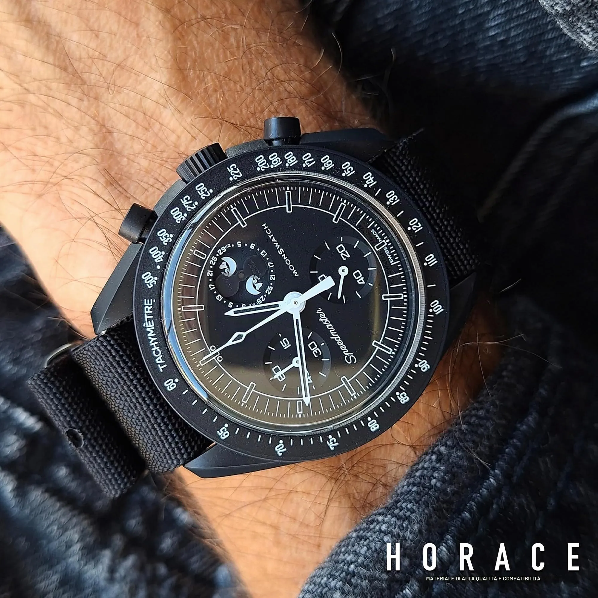 HORACE Cinturino Orologio NATO 20mm in Nylon Nero per Omega x Swatch MoonSwatch - immagine 5