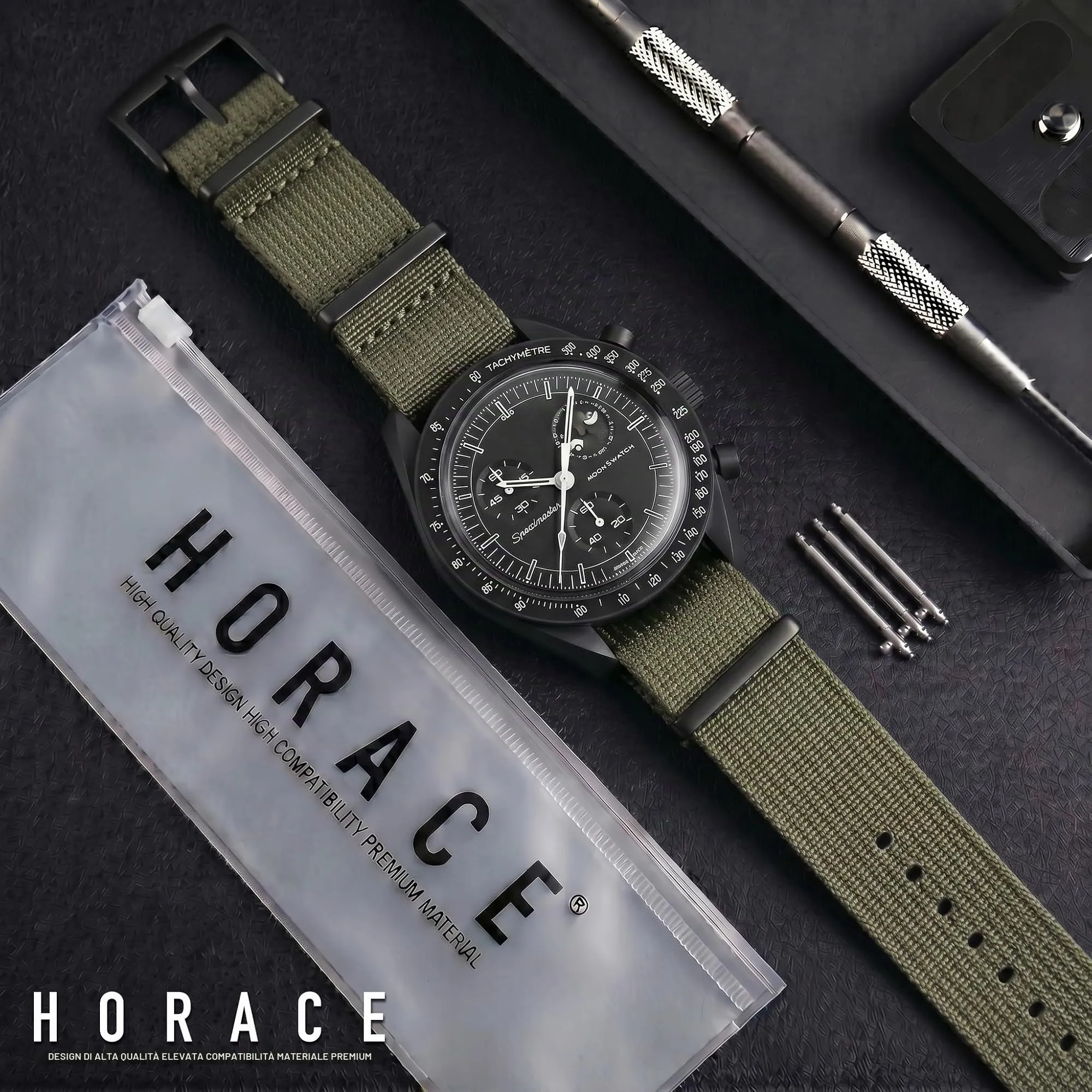 HORACE Cinturino Orologio NATO 20mm in Nylon (Cachi - Nero) compatibile con Omega x Swatch MoonSwatch - immagine 3