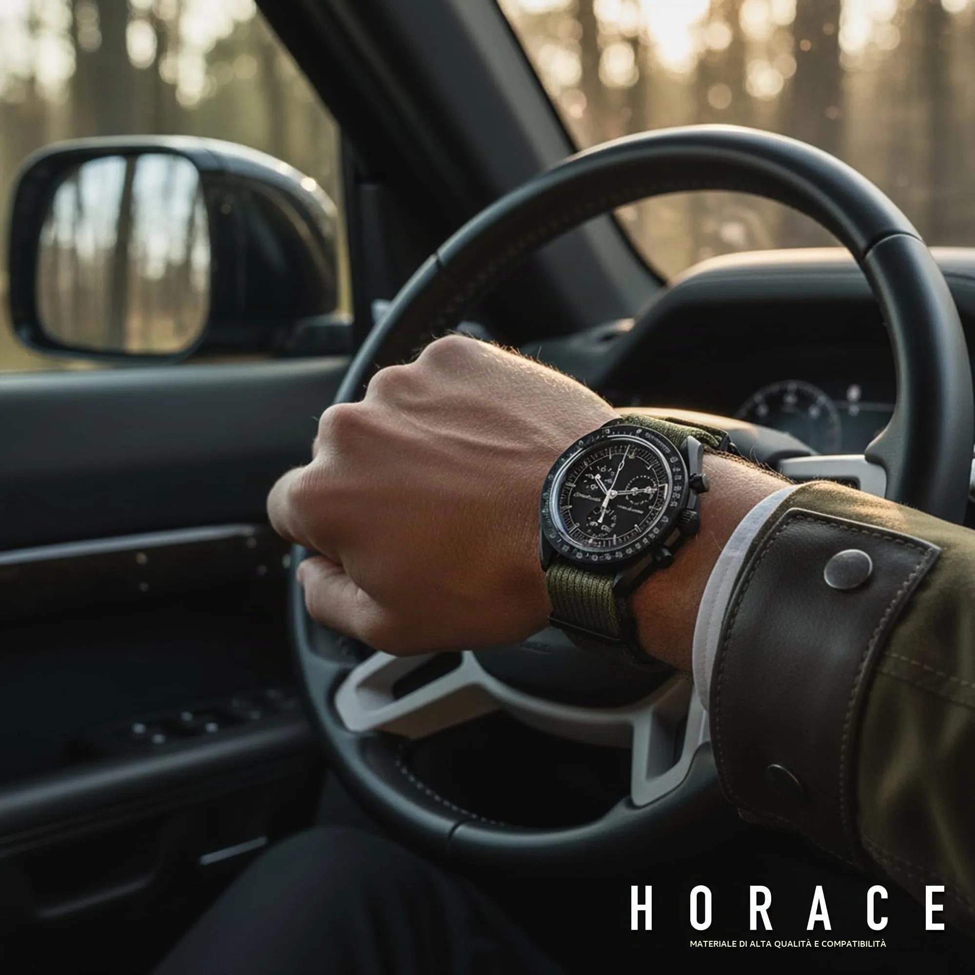HORACE Cinturino Orologio NATO 20mm in Nylon (Cachi - Nero) compatibile con Omega x Swatch MoonSwatch - immagine 4