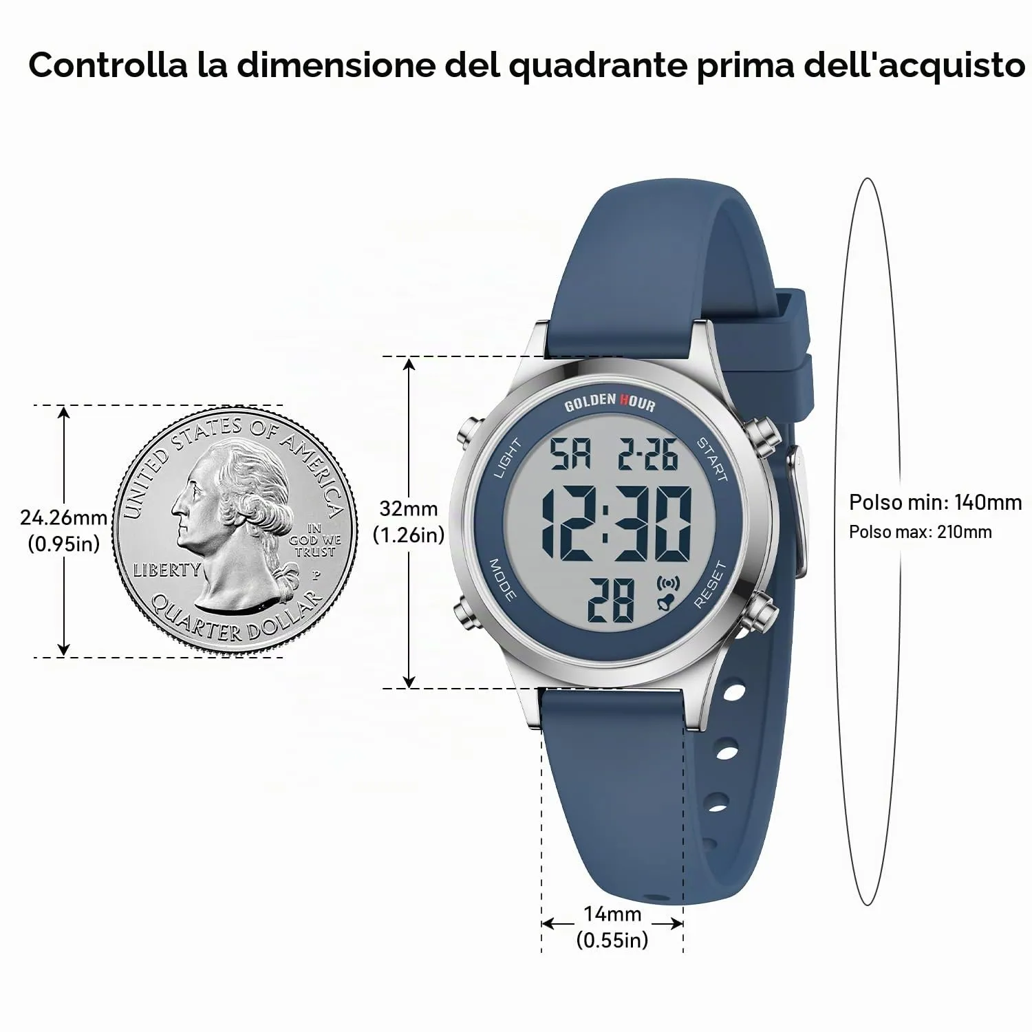 Golden Hour Orologio Digitale Donna GH1330, Impermeabile 5 ATM, Cinturino Silicone 12mm, Movimento Giapponese, Luce LED, Sveglia, Cronometro - immagine 3