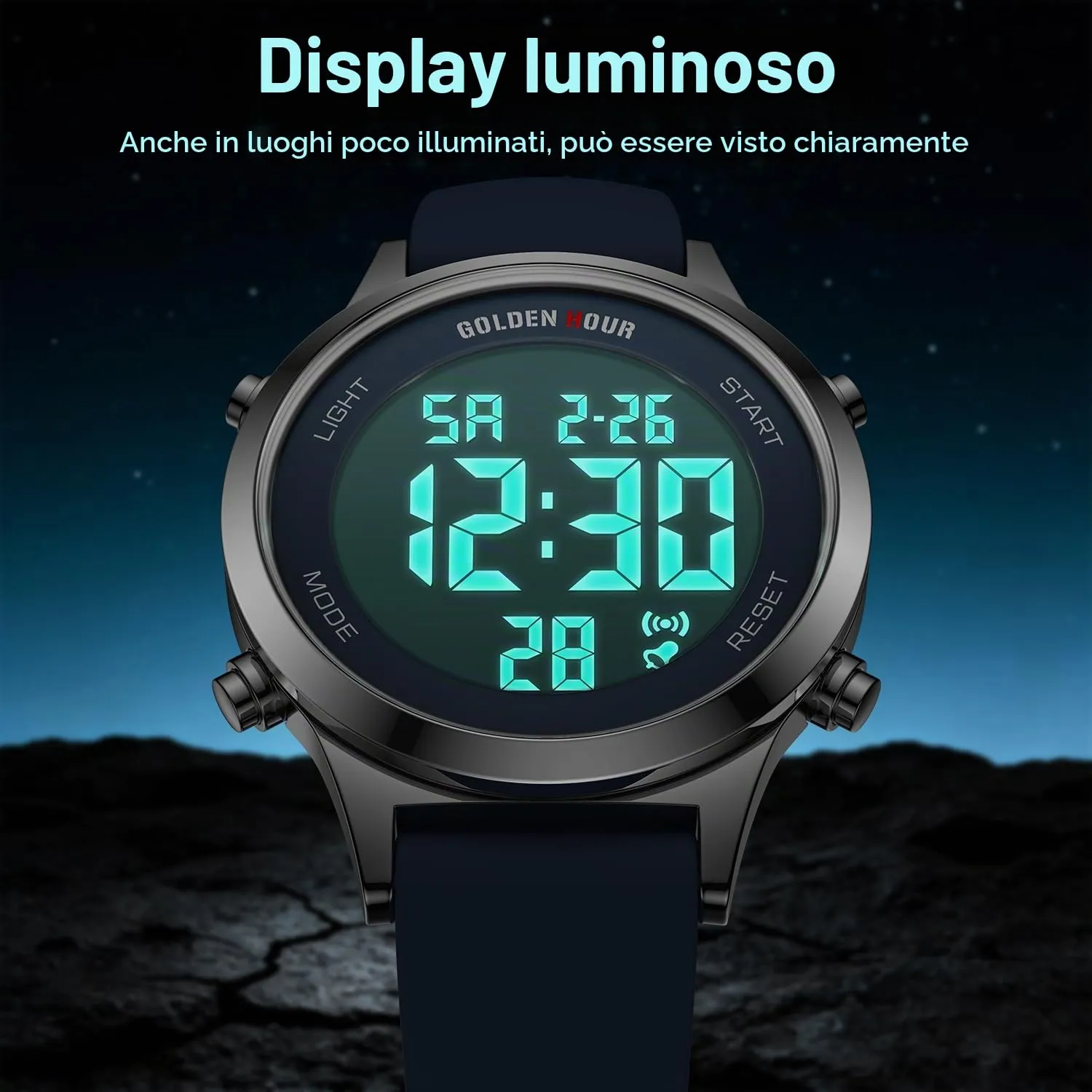 Golden Hour Orologio Digitale Donna GH1330, Impermeabile 5 ATM, Cinturino Silicone 12mm, Movimento Giapponese, Luce LED, Sveglia, Cronometro - immagine 4