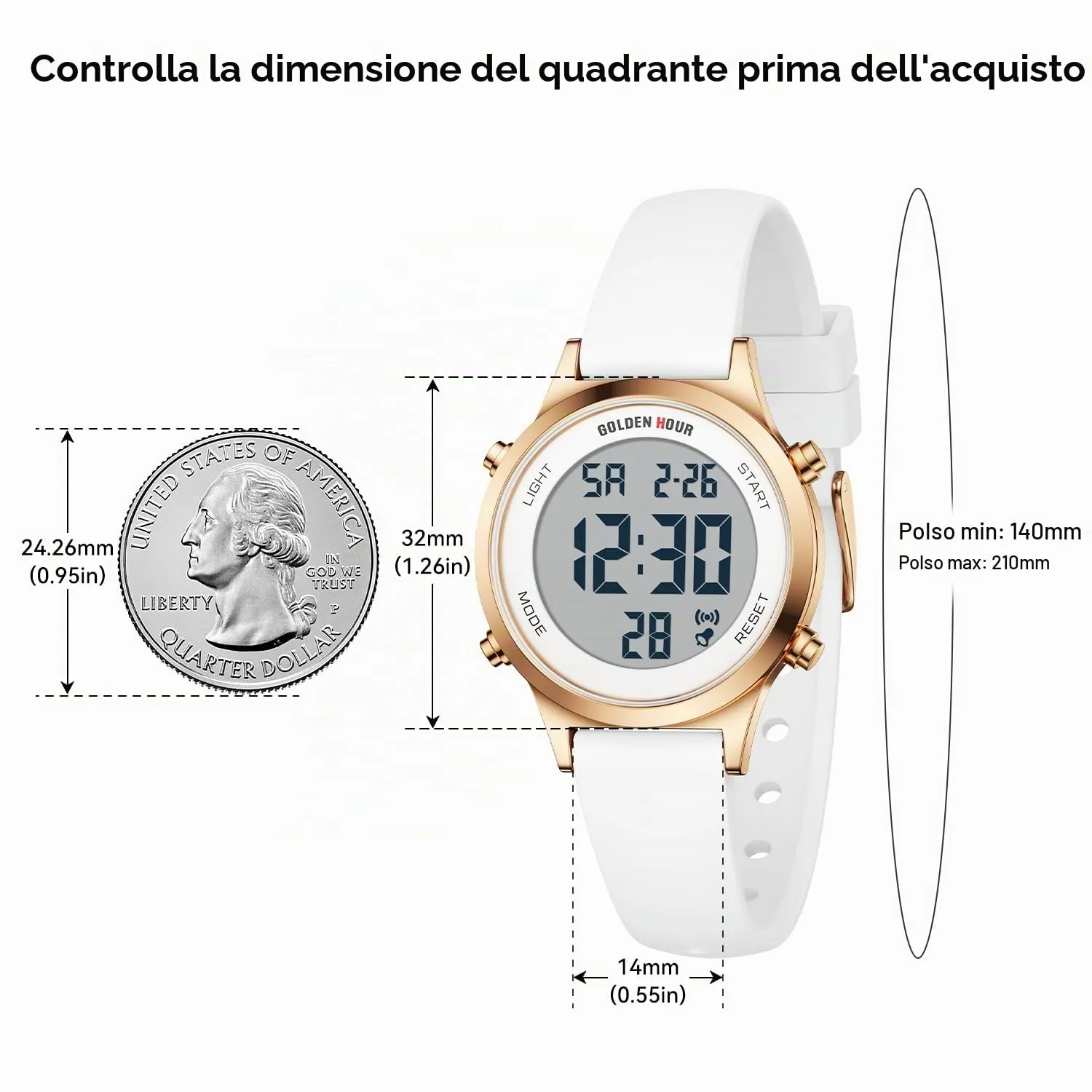 Golden Hour Orologio Digitale Donna GH1330 Sportivo Impermeabile 5 ATM Cinturino Silicone 12mm Movimento Giapponese Luce LED Sveglia Cronometro - immagine 3