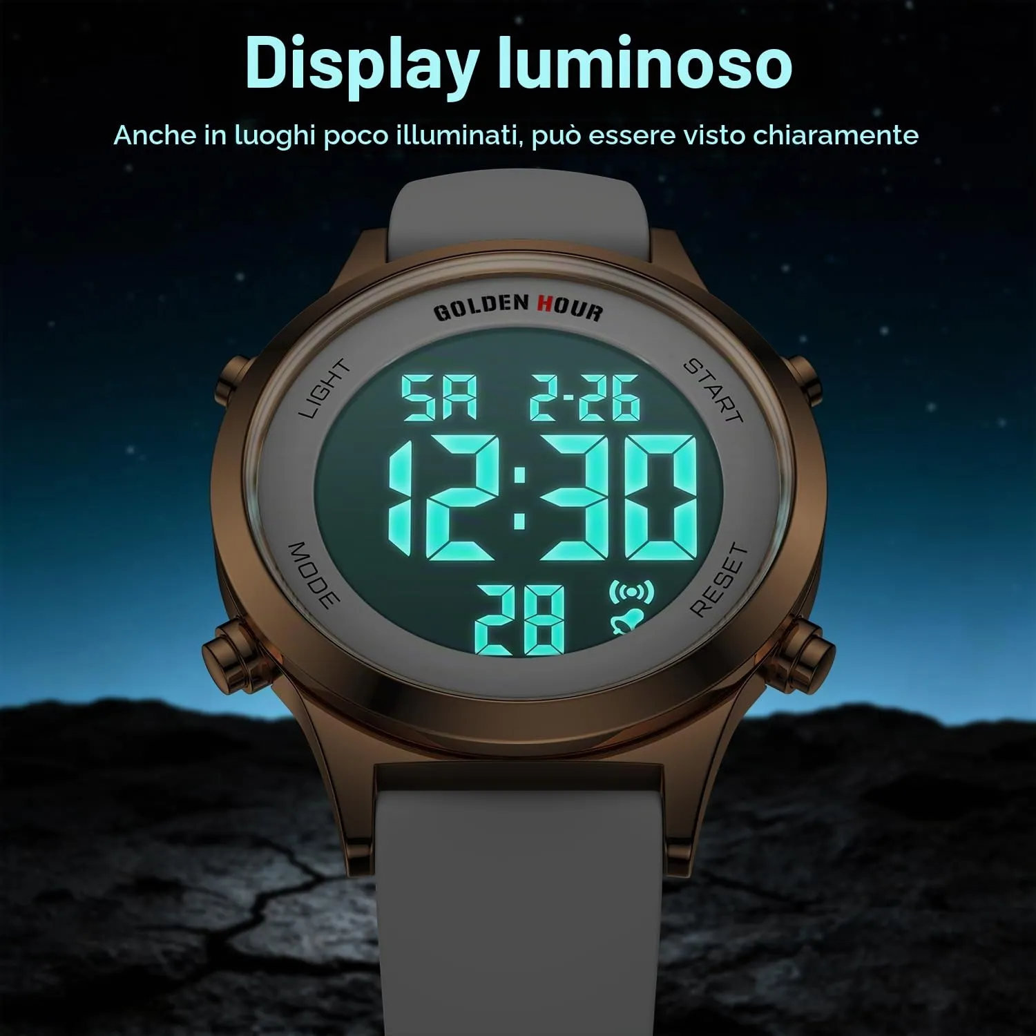 Golden Hour Orologio Digitale Donna GH1330 Sportivo Impermeabile 5 ATM Cinturino Silicone 12mm Movimento Giapponese Luce LED Sveglia Cronometro - immagine 4