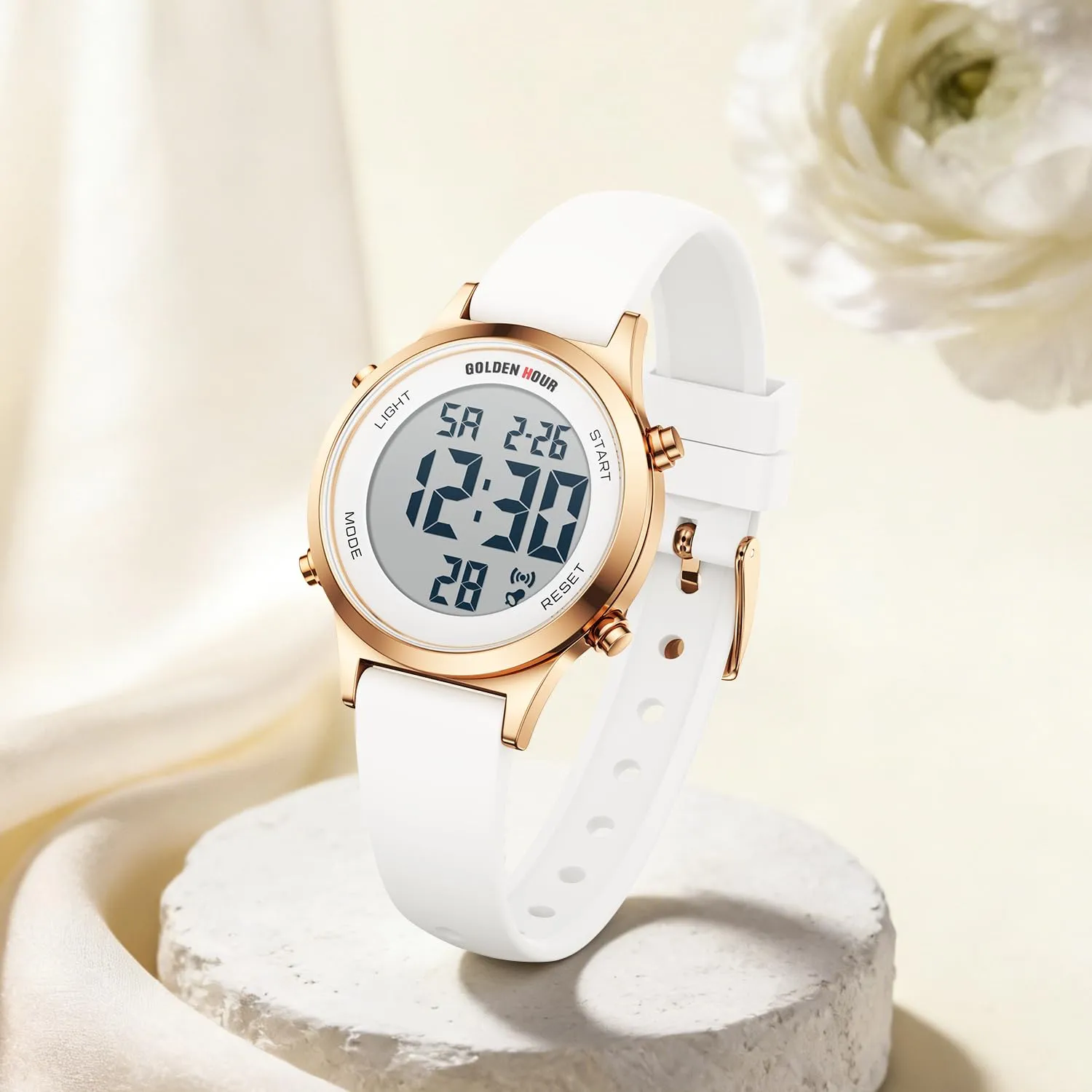 Golden Hour Orologio Digitale Donna GH1330 Sportivo Impermeabile 5 ATM Cinturino Silicone 12mm Movimento Giapponese Luce LED Sveglia Cronometro - immagine 5
