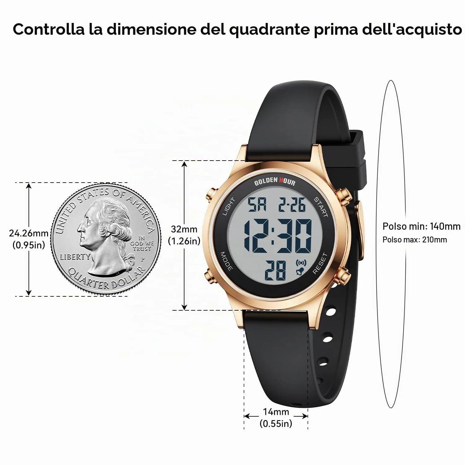 Golden Hour Orologio Digitale Donna Sportivo Impermeabile 5 ATM, Cinturino Silicone 12mm, Movimento Giapponese GH1330 - immagine 3