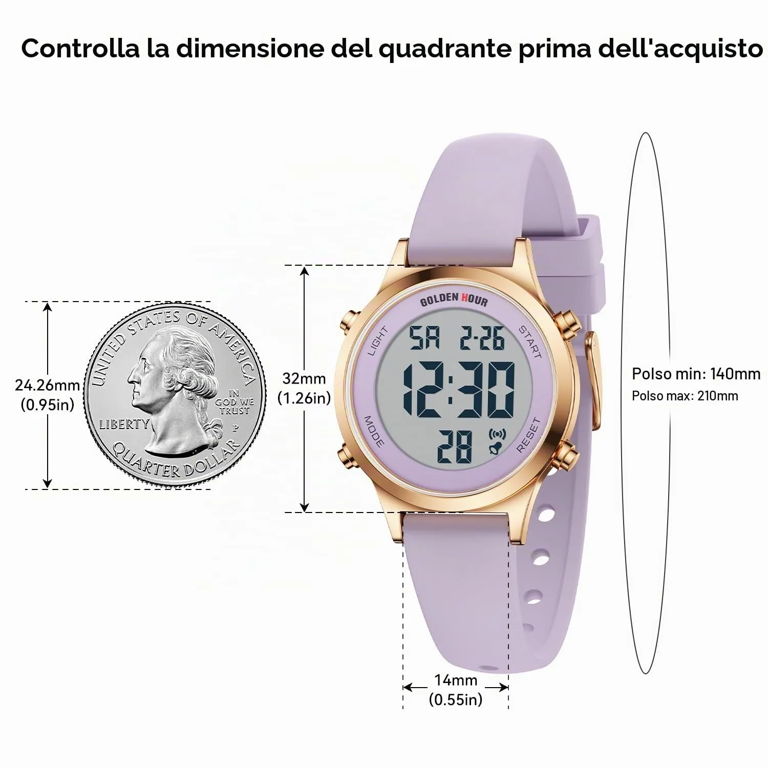 Golden Hour GH1330 Orologio Digitale Donna, Sportivo Impermeabile 5 ATM, Cinturino Silicone 12mm, Movimento Giapponese, Luce LED, Sveglia, Cronometro - immagine 3