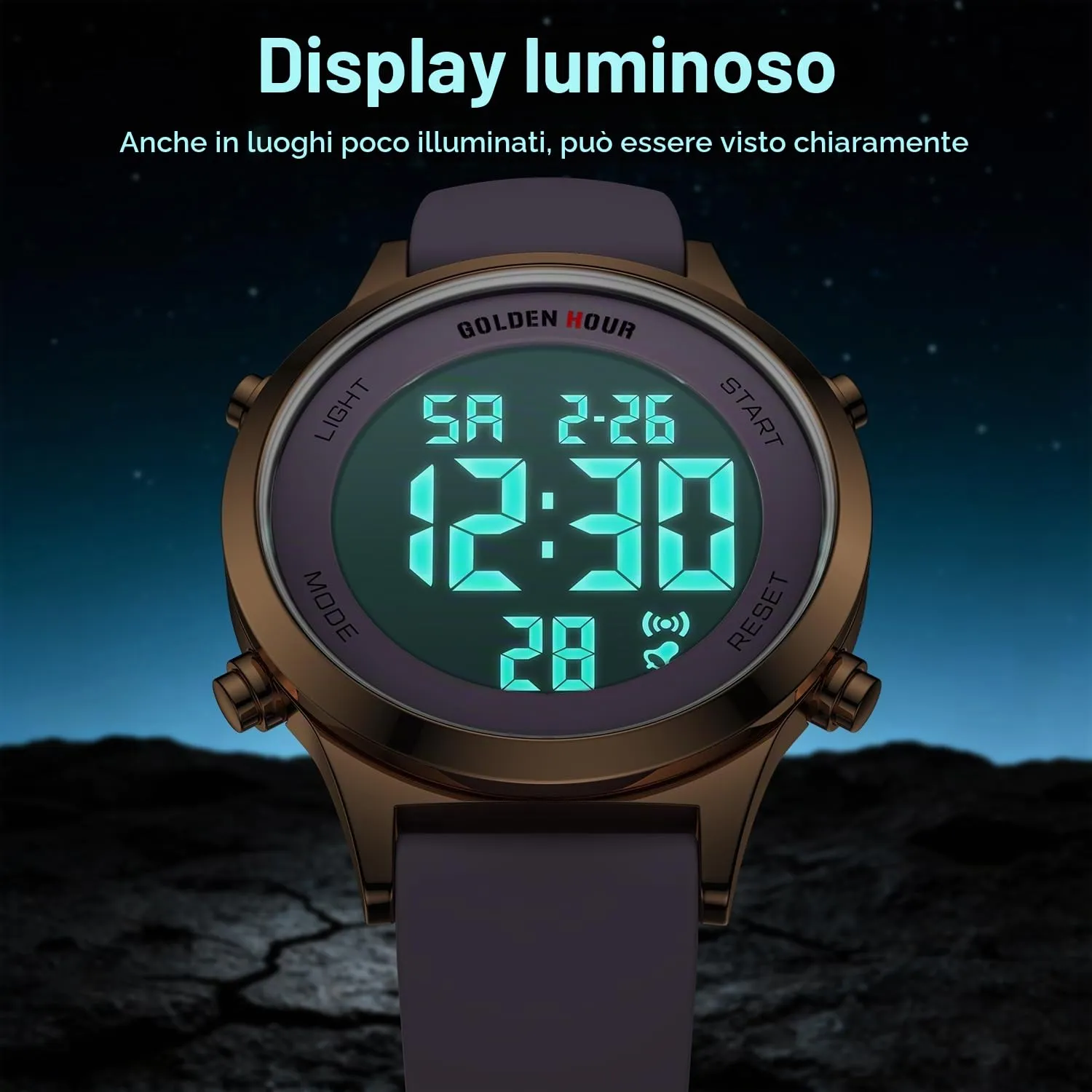 Golden Hour GH1330 Orologio Digitale Donna, Sportivo Impermeabile 5 ATM, Cinturino Silicone 12mm, Movimento Giapponese, Luce LED, Sveglia, Cronometro - immagine 4