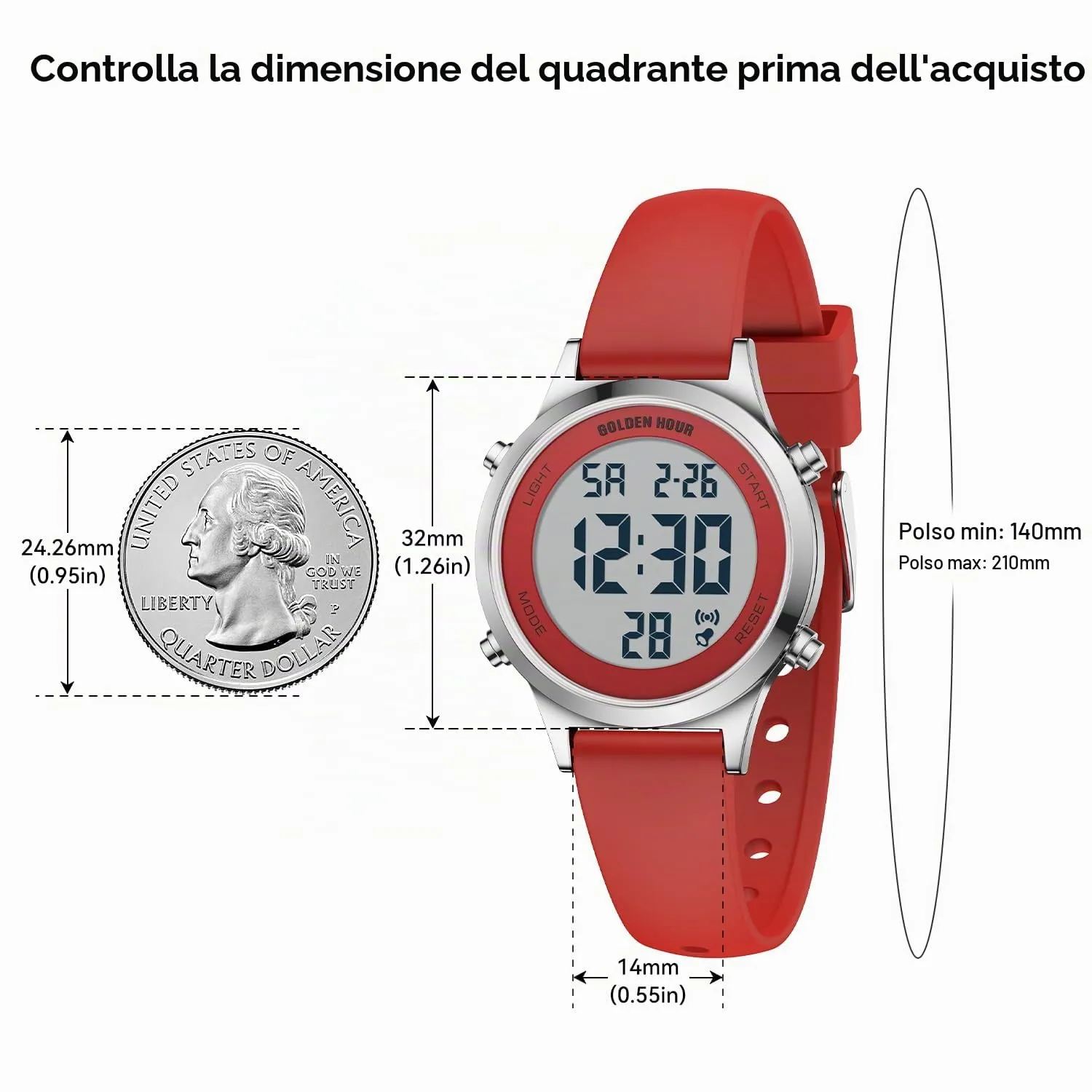 Golden Hour Orologio Digitale Donna GH1330, Sportivo Impermeabile 5 ATM, Cinturino Silicone 12mm, Movimento Giapponese, Luce LED, Sveglia, Cronometro - immagine 3