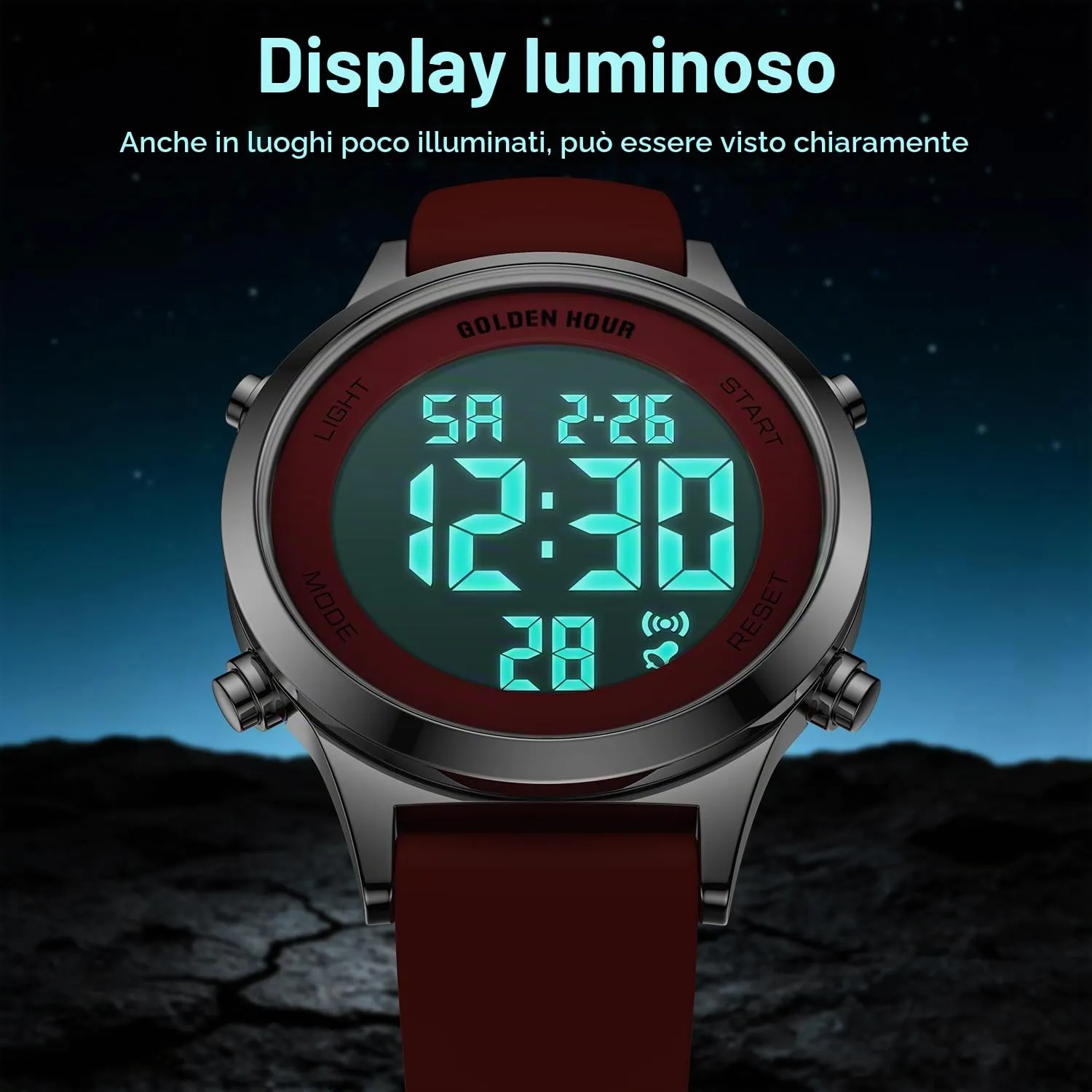 Golden Hour Orologio Digitale Donna GH1330, Sportivo Impermeabile 5 ATM, Cinturino Silicone 12mm, Movimento Giapponese, Luce LED, Sveglia, Cronometro - immagine 4