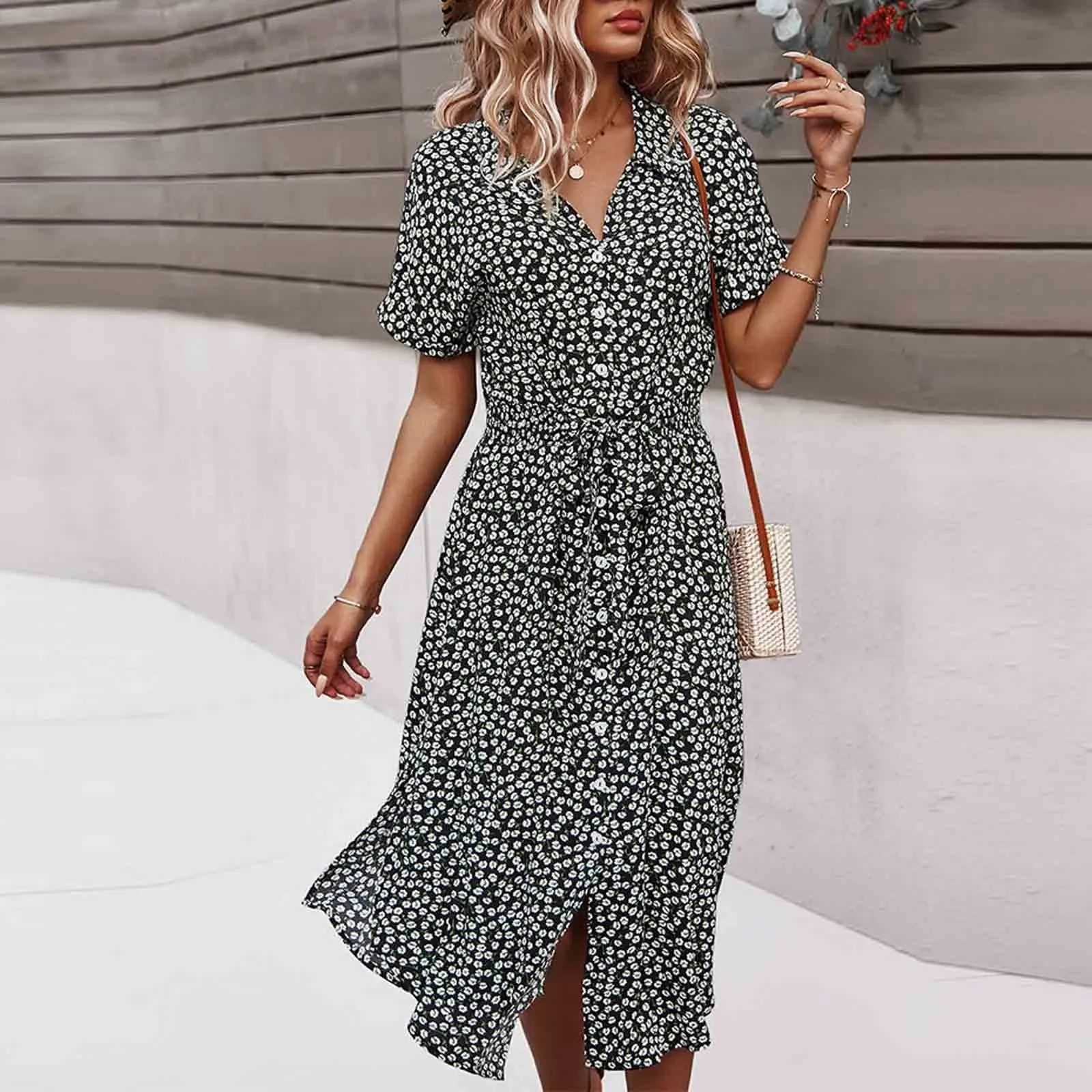 Abito estivo da donna bohémien floreale, scollo a V, maniche corte, con cintura, Nero, L - immagine 5