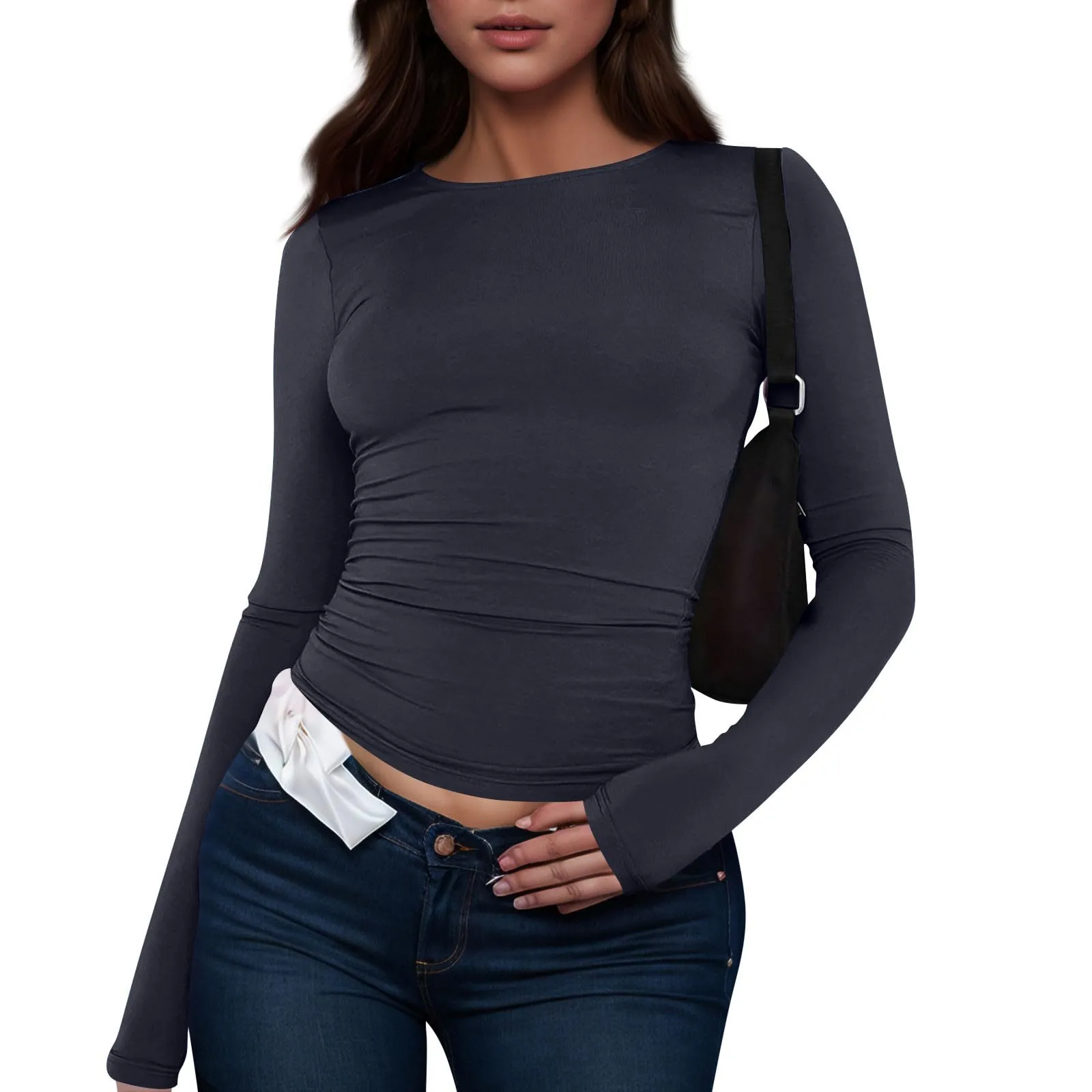 MOKBAY Maglia Donna Manica Lunga in Cotone Slim Fit Tinta Unita, XS - immagine 3