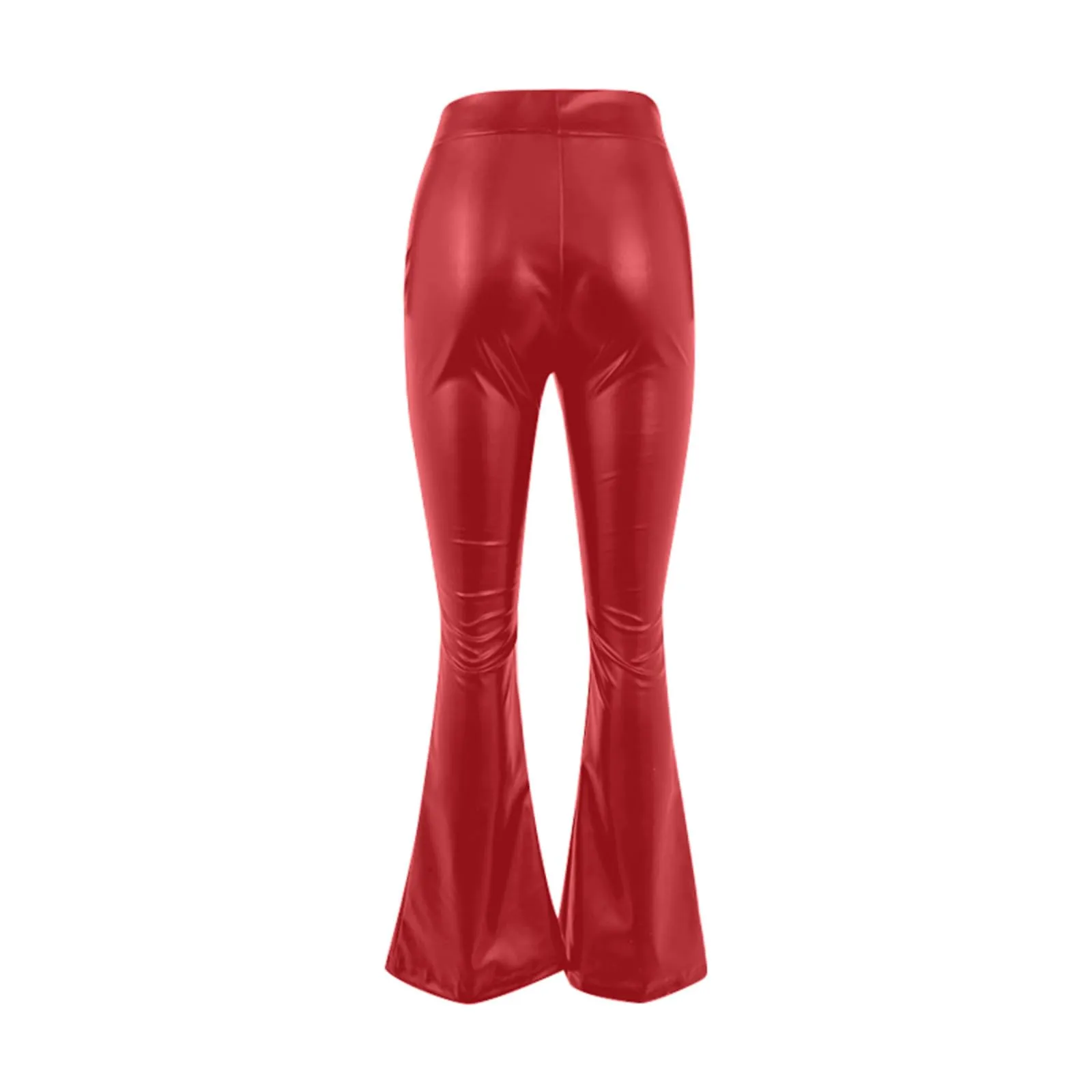 Duohropke Pantaloni a zampa a vita alta effetto pelle per donna, Rosso - immagine 7