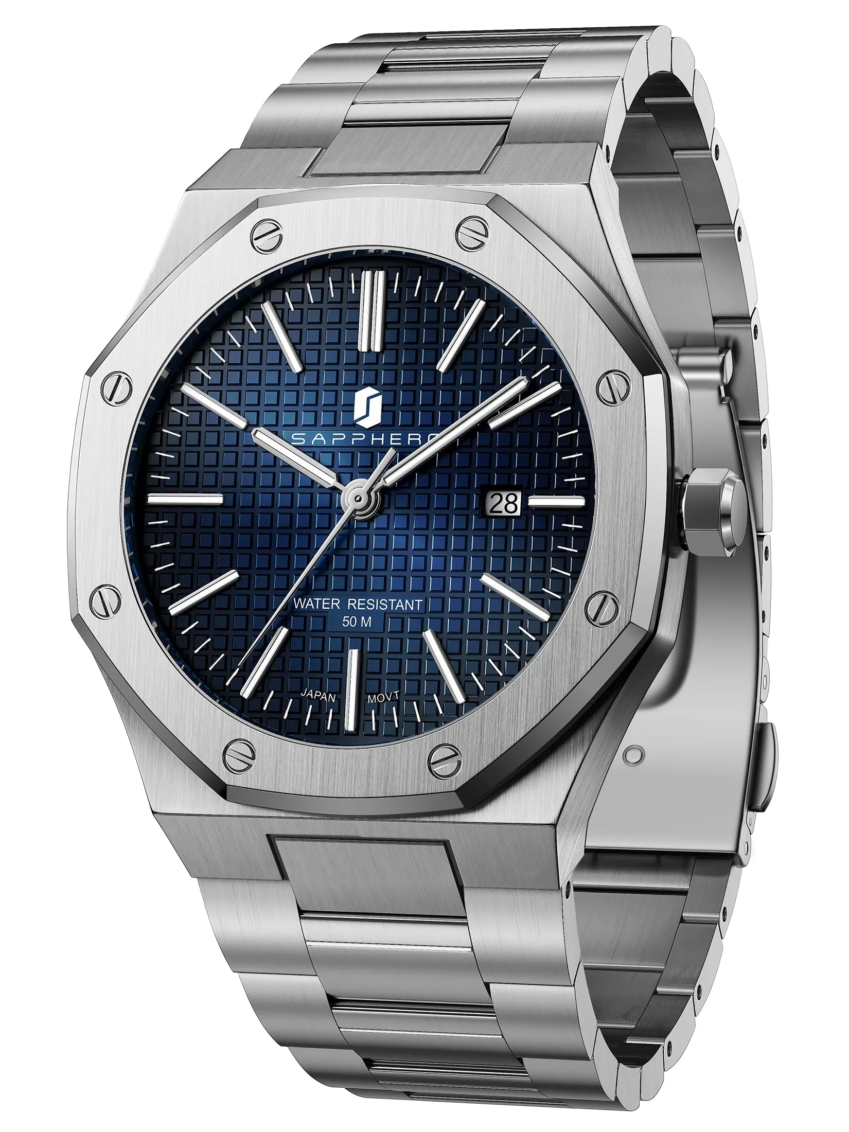 SAPPHERO Orologio da uomo in acciaio inossidabile, Movimento al quarzo giapponese, Argento/Blu - immagine 1
