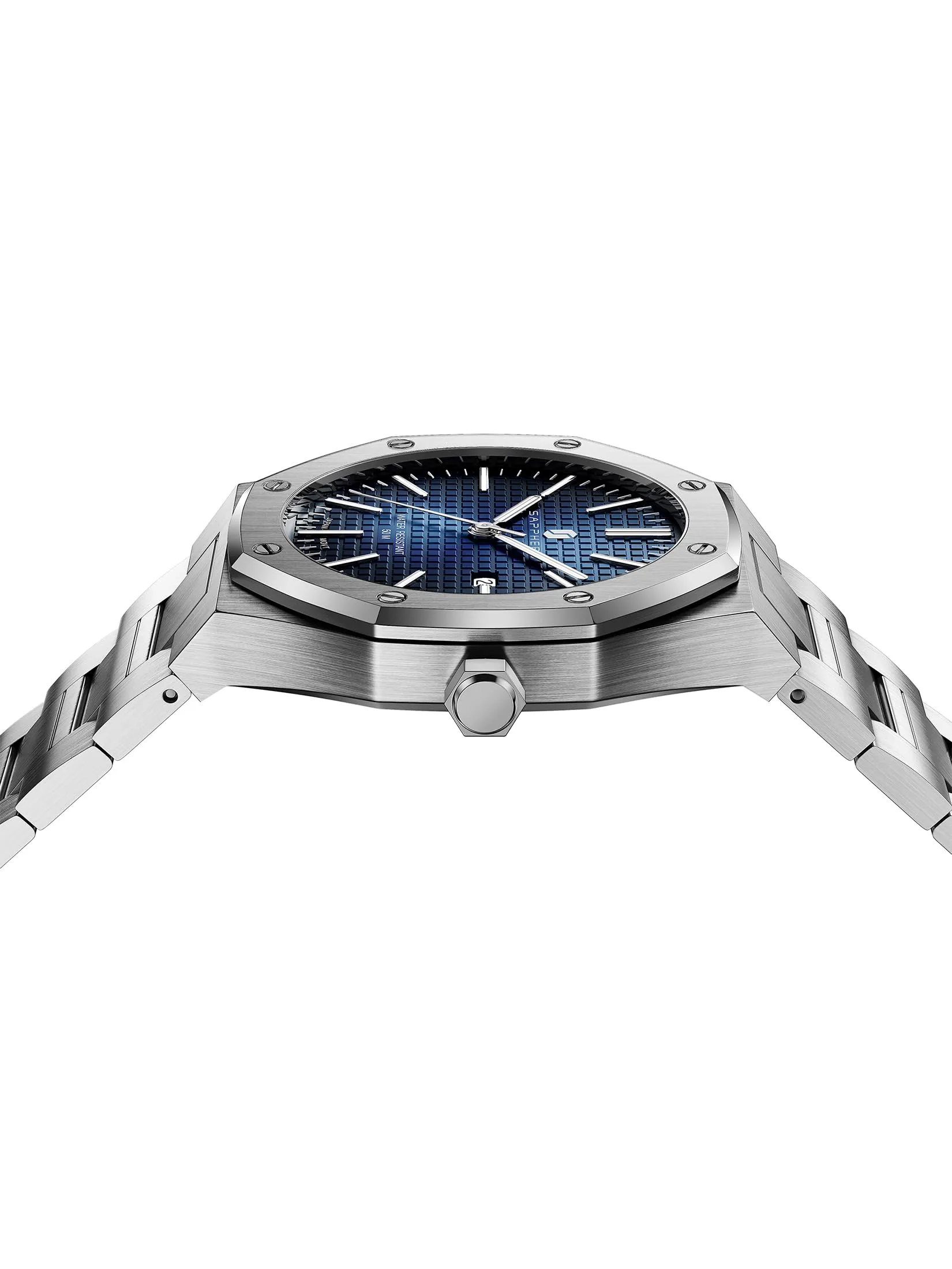 SAPPHERO Orologio da uomo in acciaio inossidabile, Movimento al quarzo giapponese, Argento/Blu - immagine 2