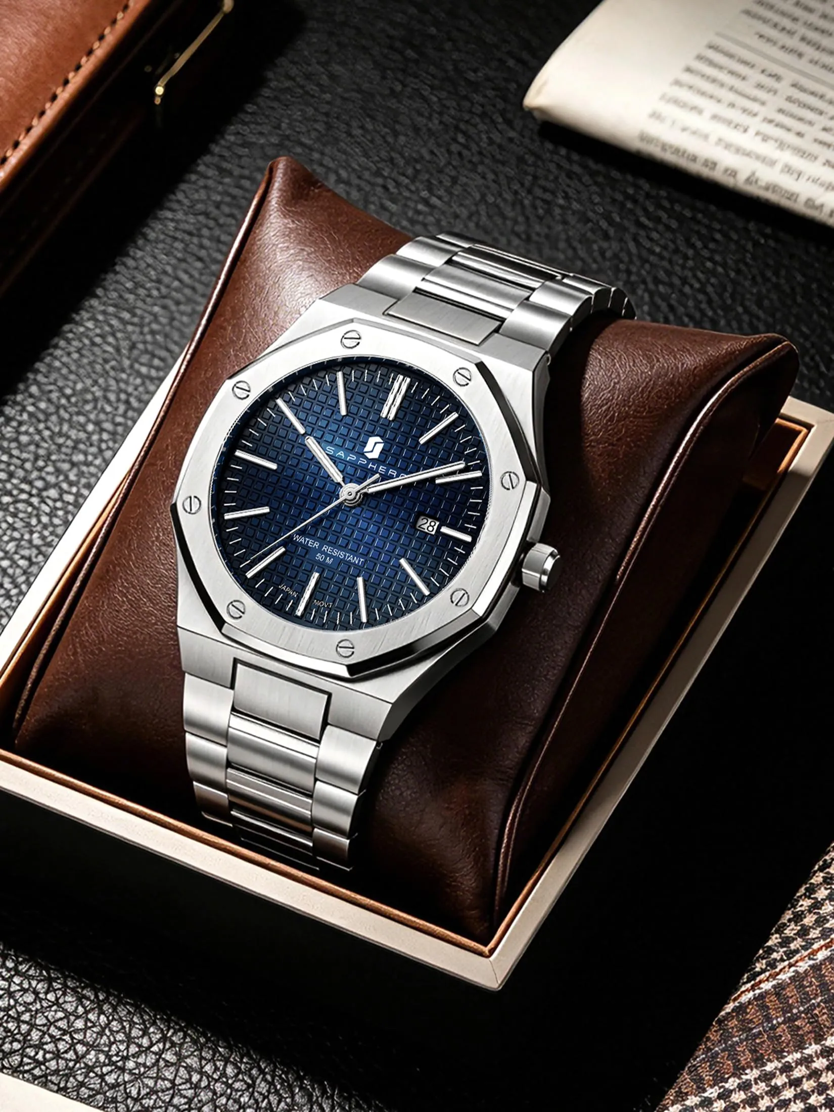SAPPHERO Orologio da uomo in acciaio inossidabile, Movimento al quarzo giapponese, Argento/Blu - immagine 3