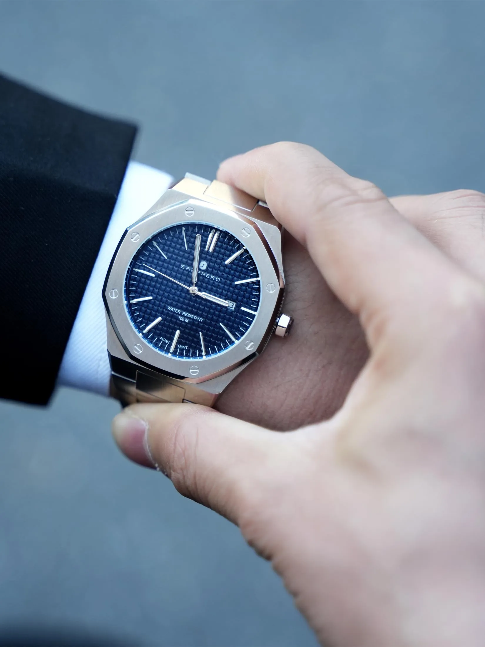 SAPPHERO Orologio da uomo in acciaio inossidabile, Movimento al quarzo giapponese, Argento/Blu - immagine 4