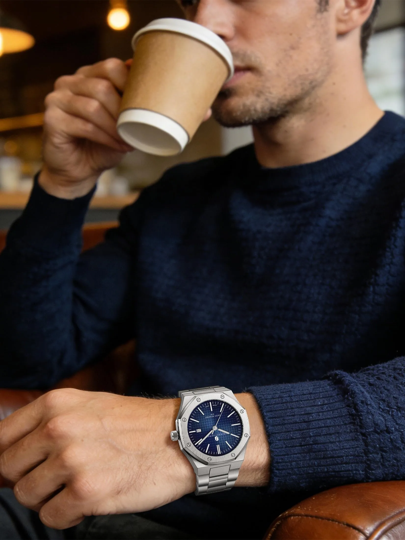 SAPPHERO Orologio da uomo in acciaio inossidabile, Movimento al quarzo giapponese, Argento/Blu - immagine 5