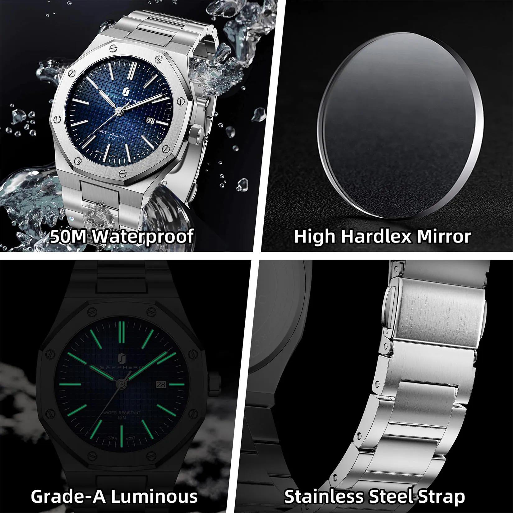 SAPPHERO Orologio da uomo in acciaio inossidabile, Movimento al quarzo giapponese, Argento/Blu - immagine 6
