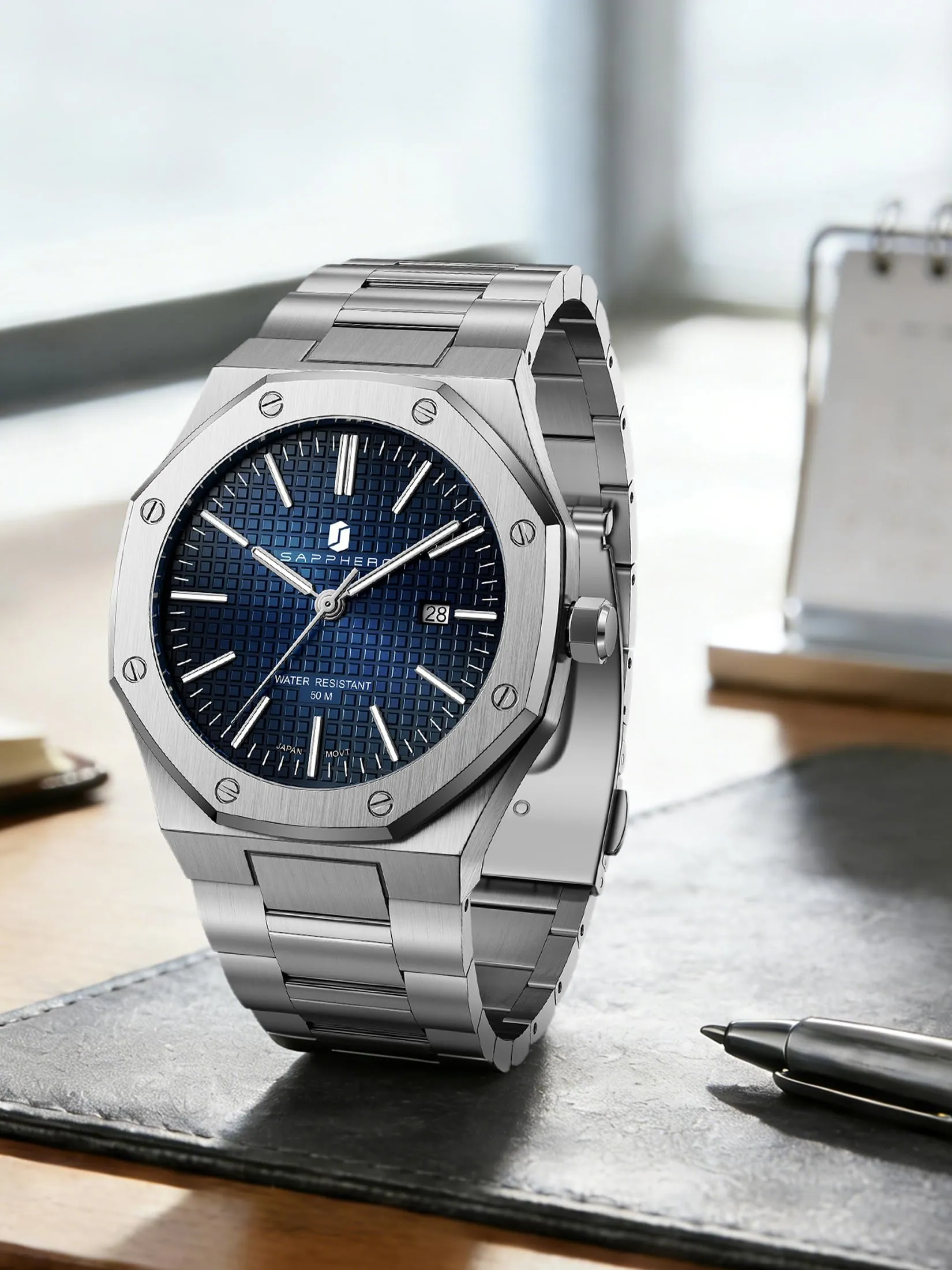 SAPPHERO Orologio da uomo in acciaio inossidabile, Movimento al quarzo giapponese, Argento/Blu - immagine 7