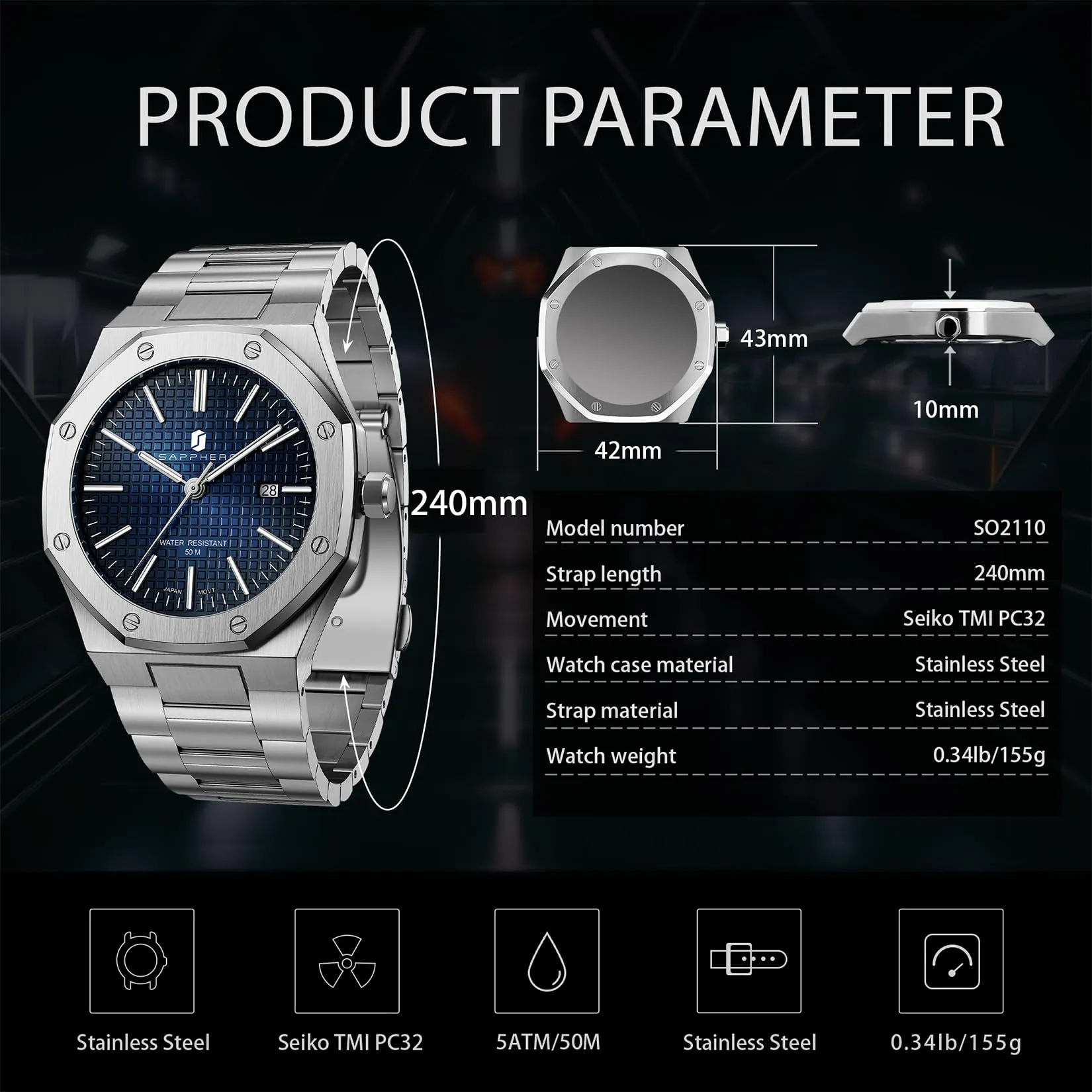 SAPPHERO Orologio da uomo in acciaio inossidabile, Movimento al quarzo giapponese, Argento/Blu - immagine 8