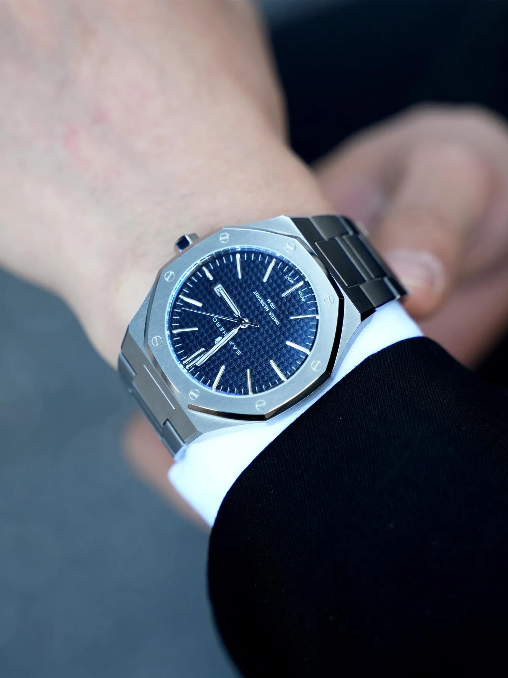 SAPPHERO Orologio da uomo in acciaio inossidabile, Movimento al quarzo giapponese, Argento/Blu - immagine 9