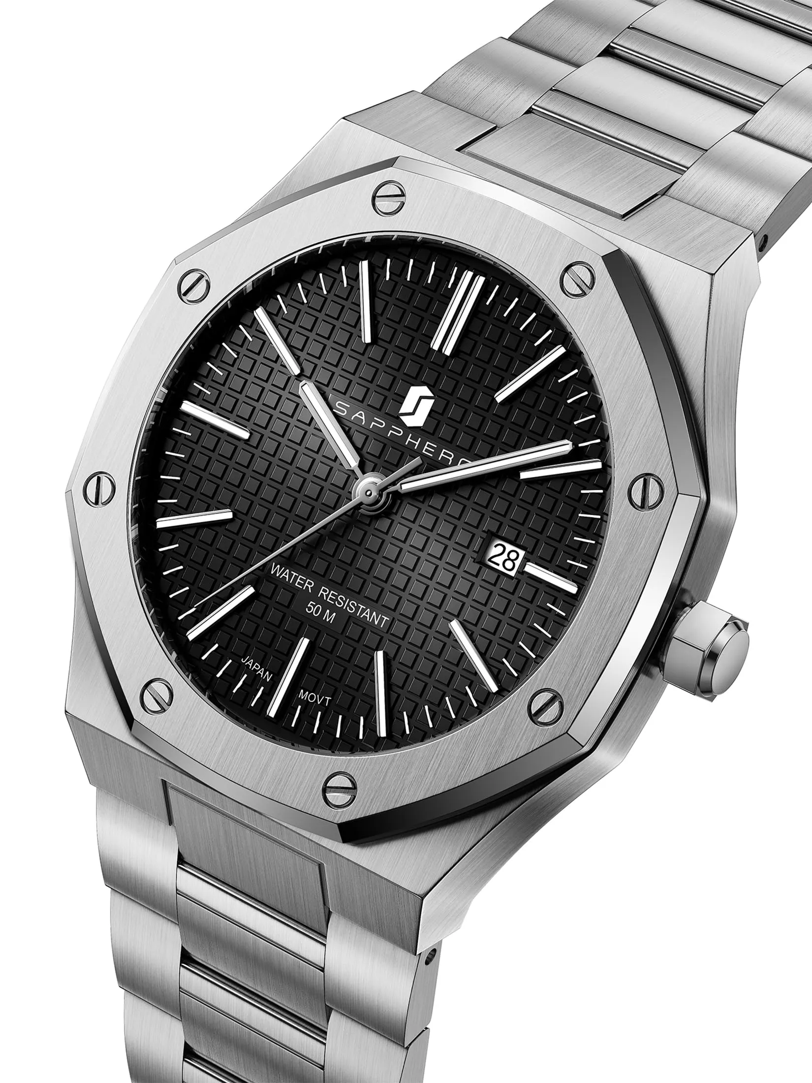 SAPPHERO Orologio da uomo in acciaio inossidabile, Movimento al quarzo giapponese, Argento/Nero, SO2110 - immagine 2