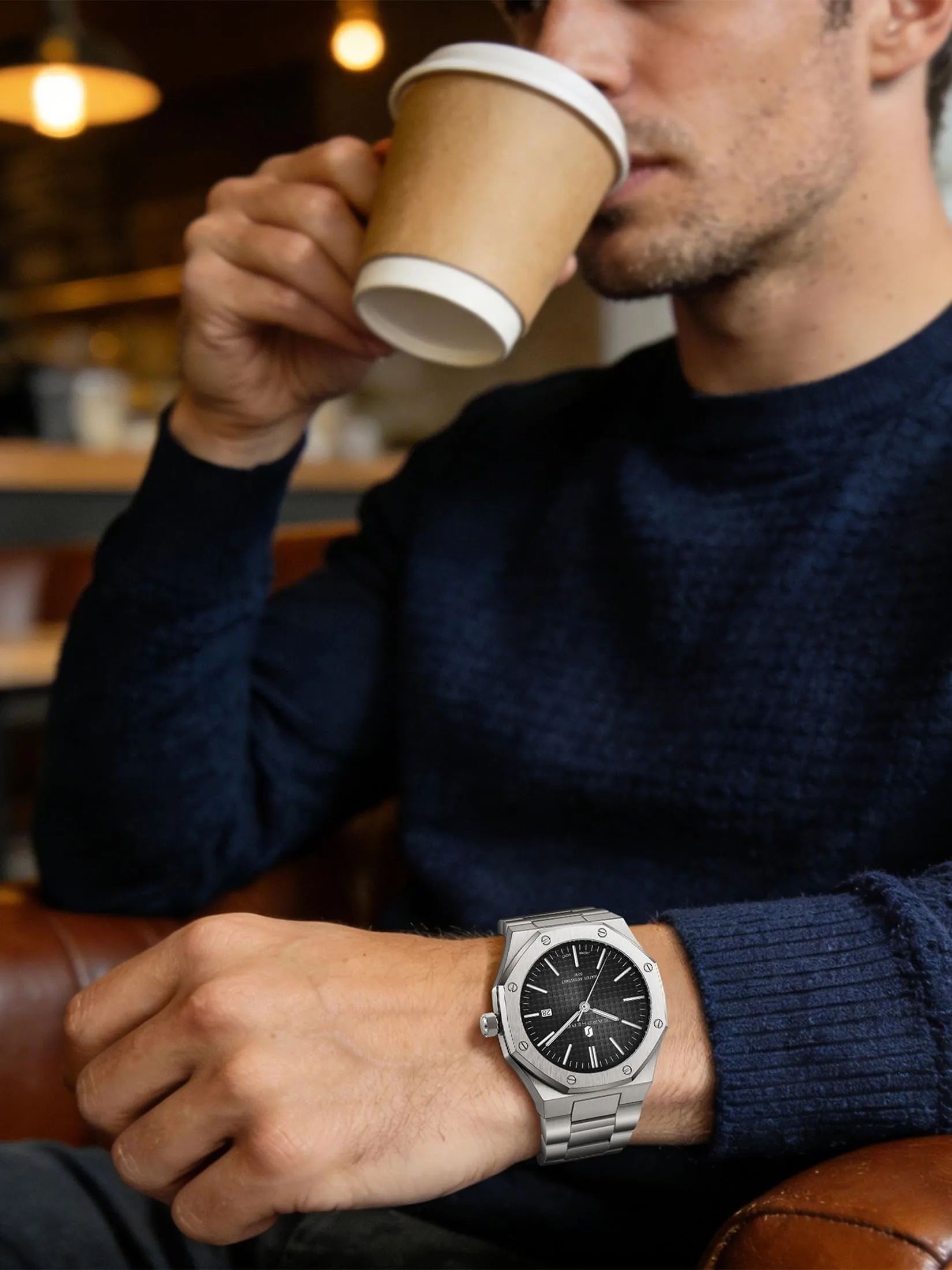SAPPHERO Orologio da uomo in acciaio inossidabile, Movimento al quarzo giapponese, Argento/Nero, SO2110 - immagine 4