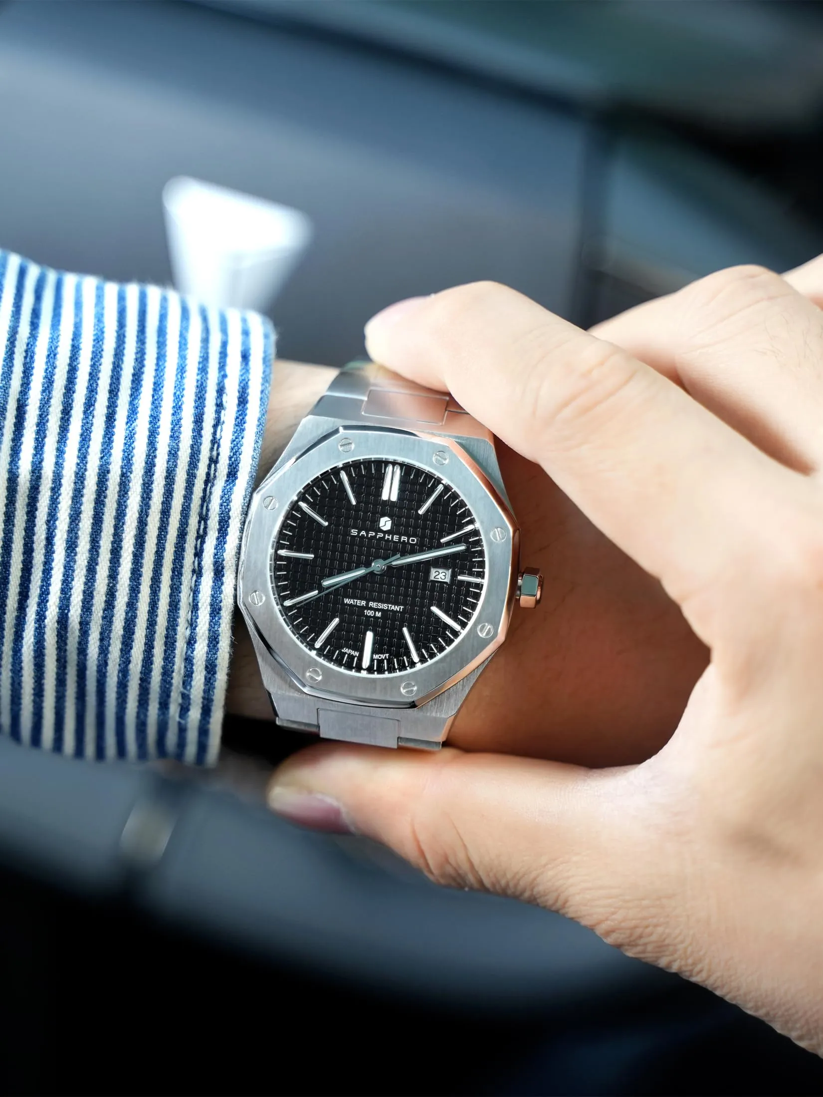 SAPPHERO Orologio da uomo in acciaio inossidabile, Movimento al quarzo giapponese, Argento/Nero, SO2110 - immagine 5