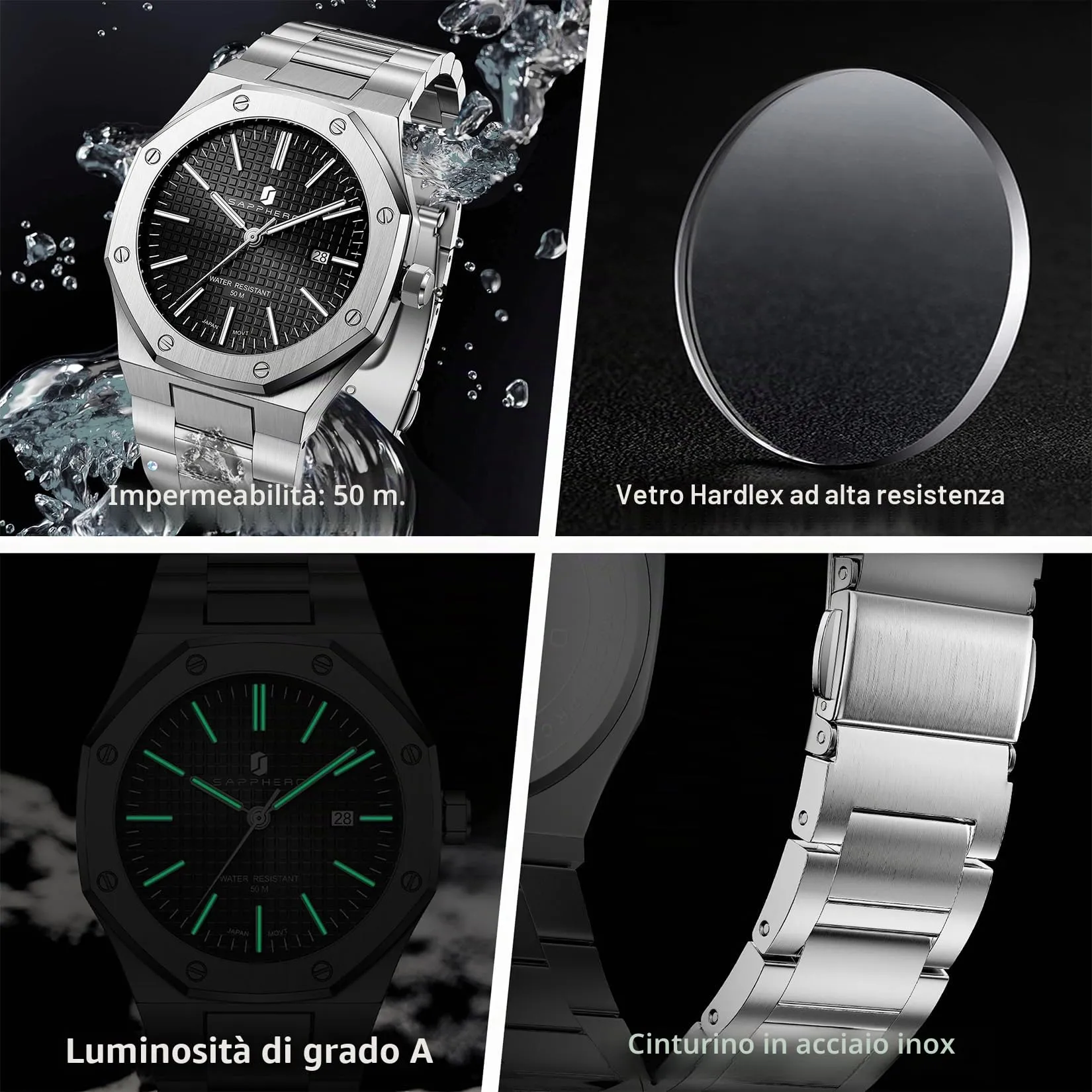 SAPPHERO Orologio da uomo in acciaio inossidabile, Movimento al quarzo giapponese, Argento/Nero, SO2110 - immagine 6